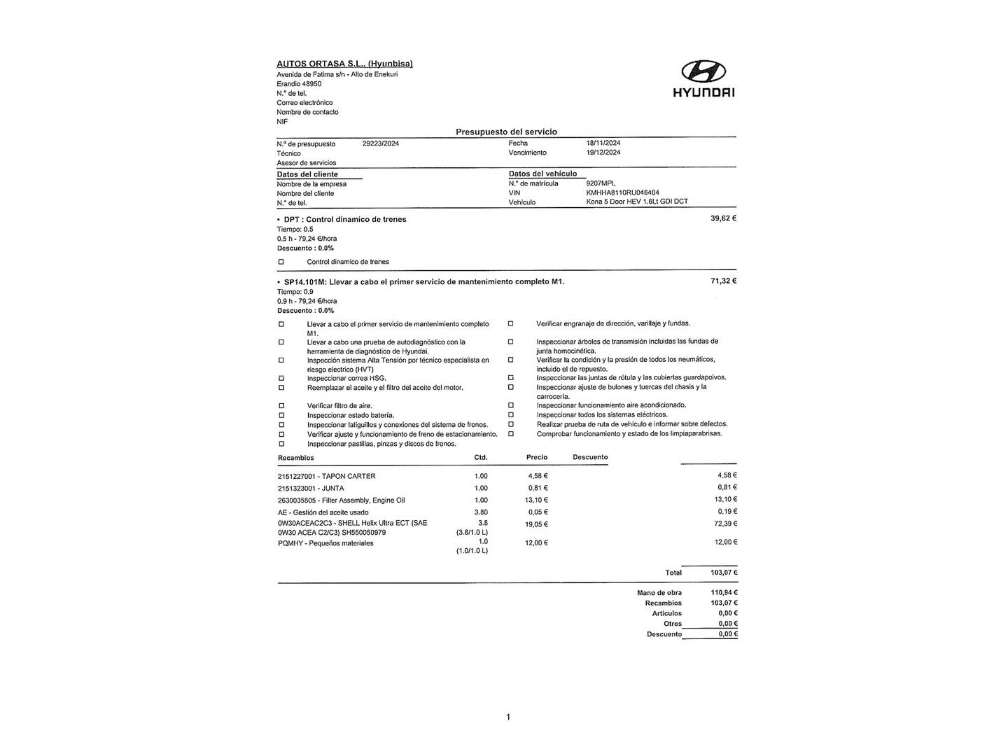 Foto del mantenimiento del Hyundai Kona Hyundai Kona 1.6 GDI HEV N Line DCT (141 CV)