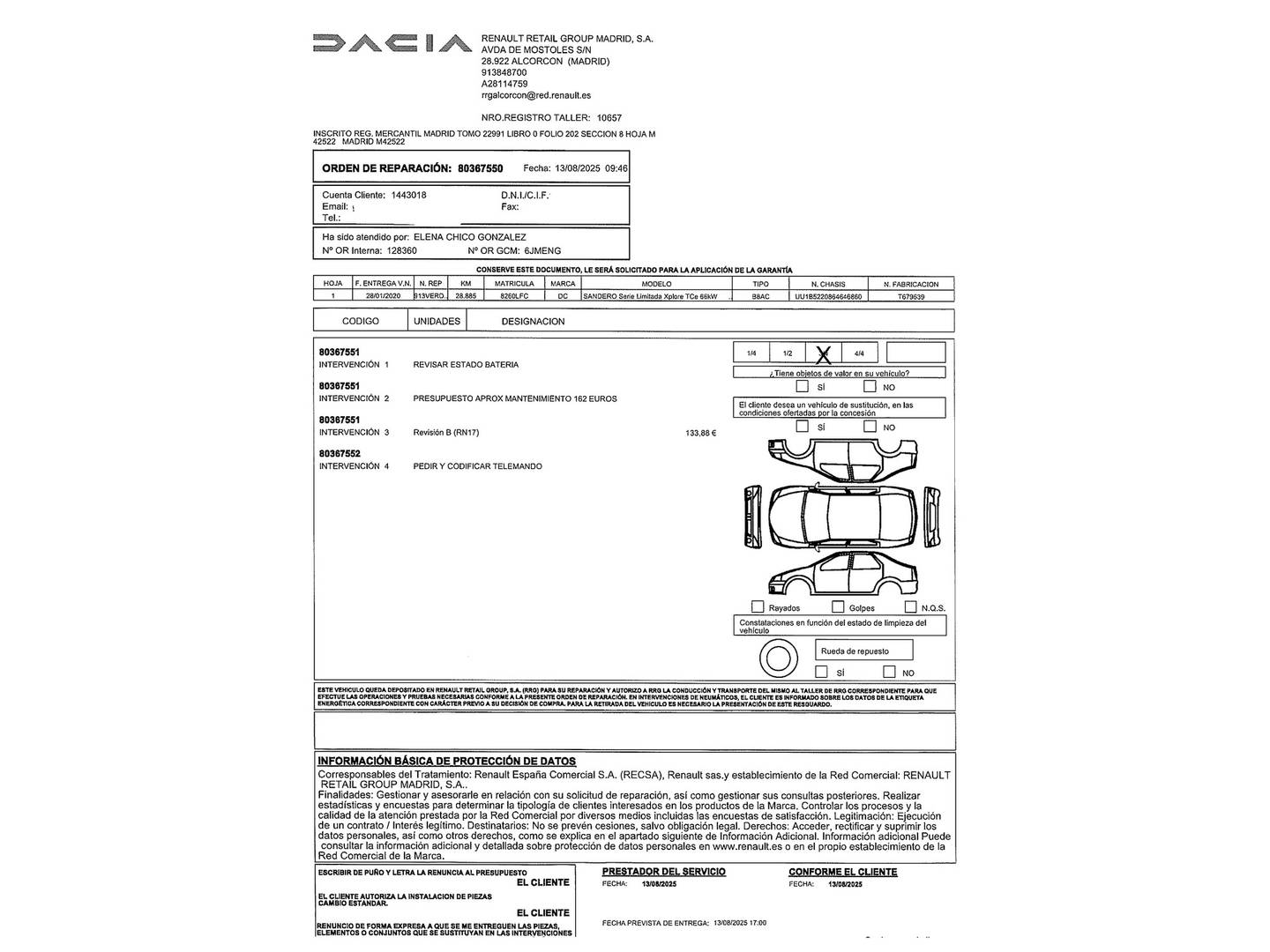 Foto del mantenimiento del Dacia Sandero Dacia Sandero Serie Limitada Xplore TC (90 CV)