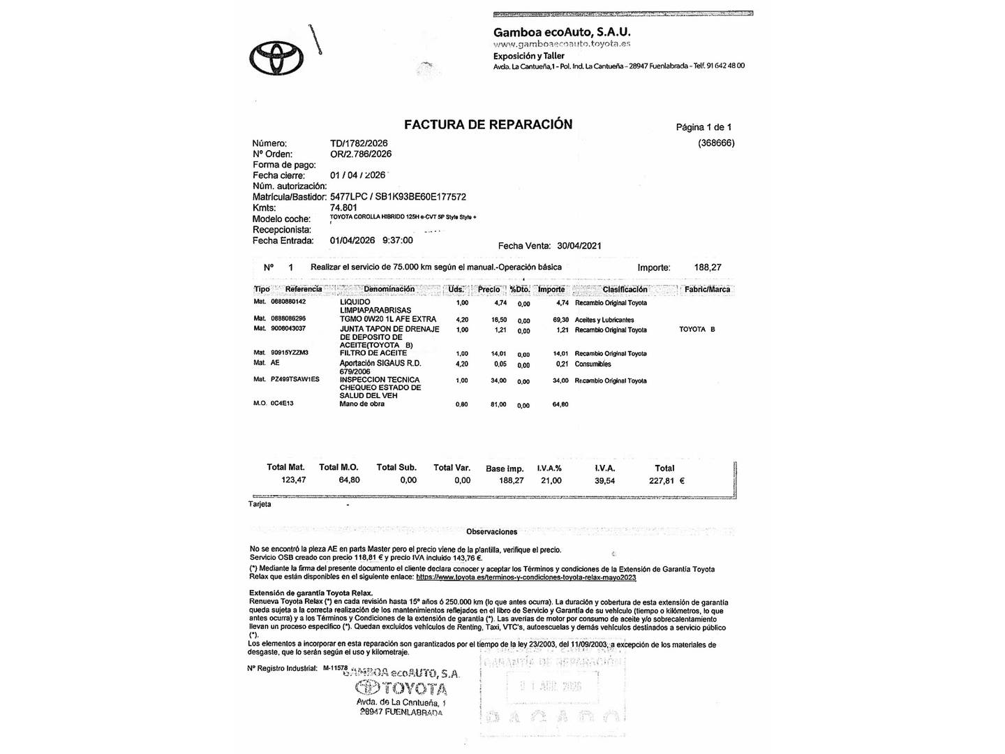 Foto del mantenimiento del Toyota Corolla Toyota Corolla 1.8 125H Style E-CVT (122 CV)
