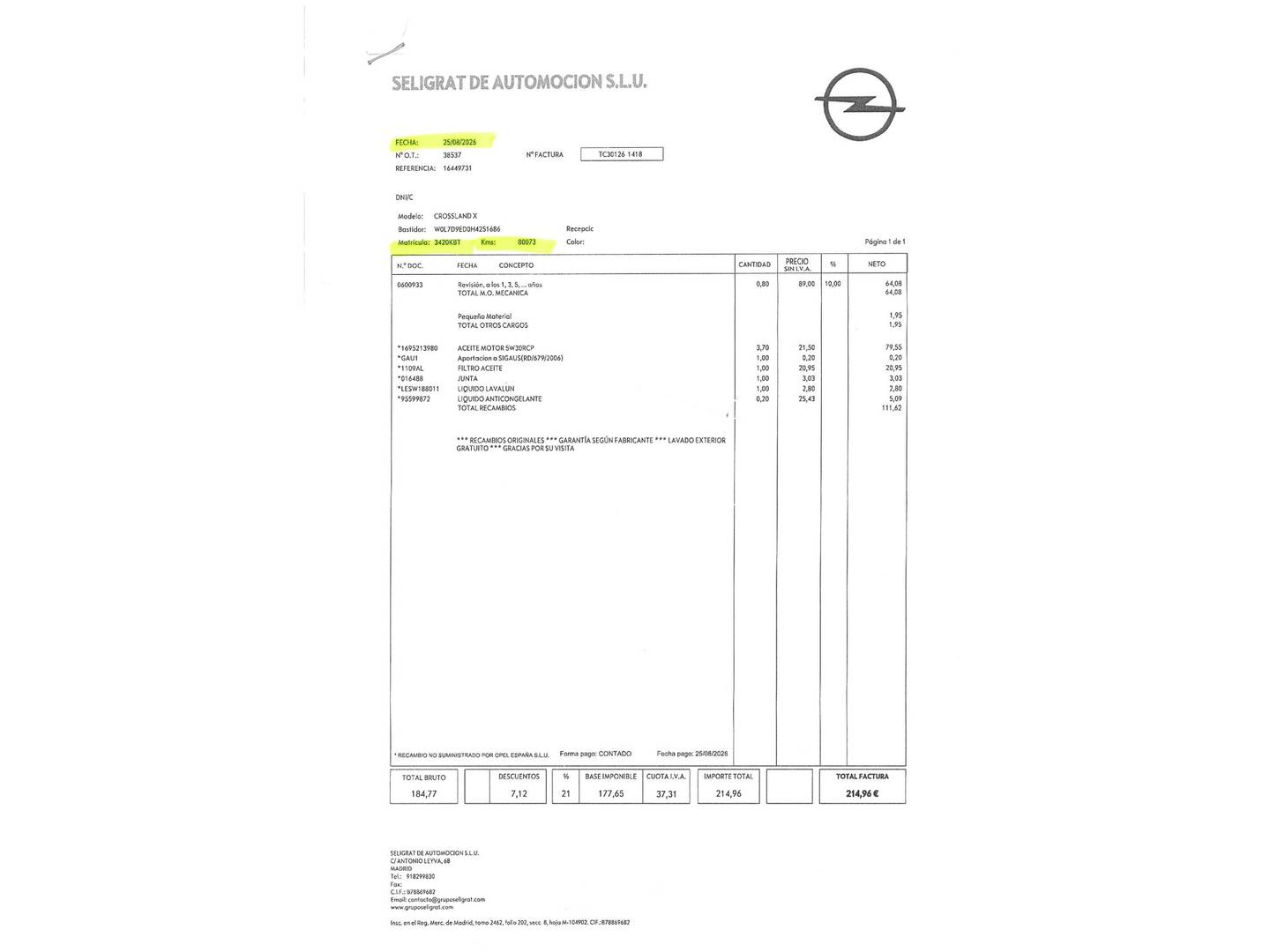 Foto del mantenimiento del Opel Crossland X Opel Crossland X 1.2 Turbo S&S ecoTEC Selective (110 CV)