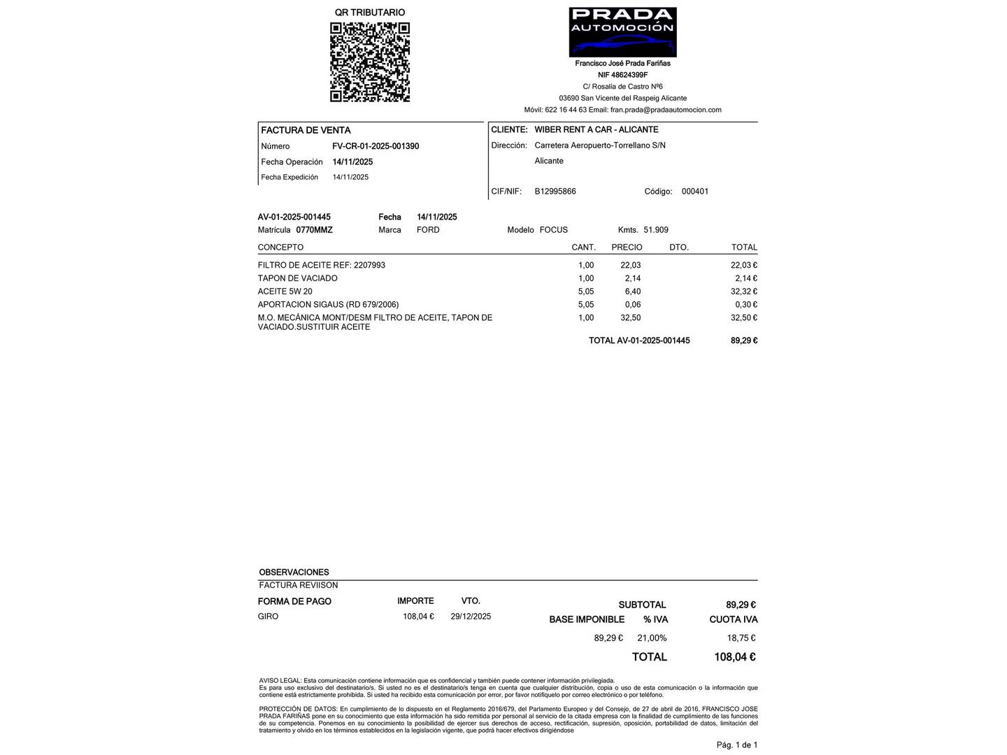 Foto del mantenimiento del Ford Focus Ford Focus 1.0 Ecoboost MHEV Active Auto (155 CV)