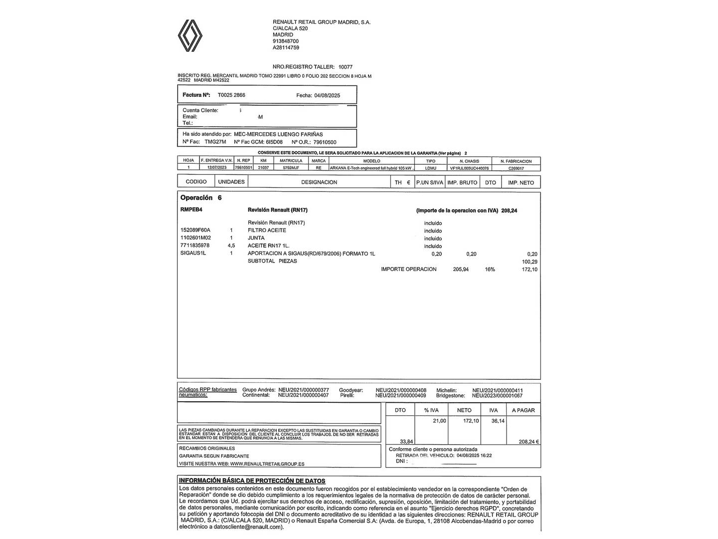 Foto del mantenimiento del Renault Arkana Renault Arkana E-Tech Híbrido Engineered (145 CV)
