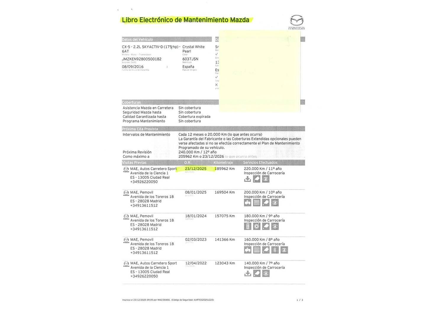 Foto del mantenimiento del Mazda CX-5 Mazda CX-5 2.2 DE Luxury + Premium + Travel + SunRoof 4WD Auto (175 CV)