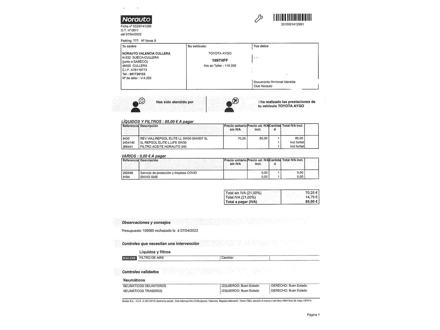 Foto del mantenimiento del Toyota Aygo Toyota Aygo 1.0 VVT-i Connect (68 CV)