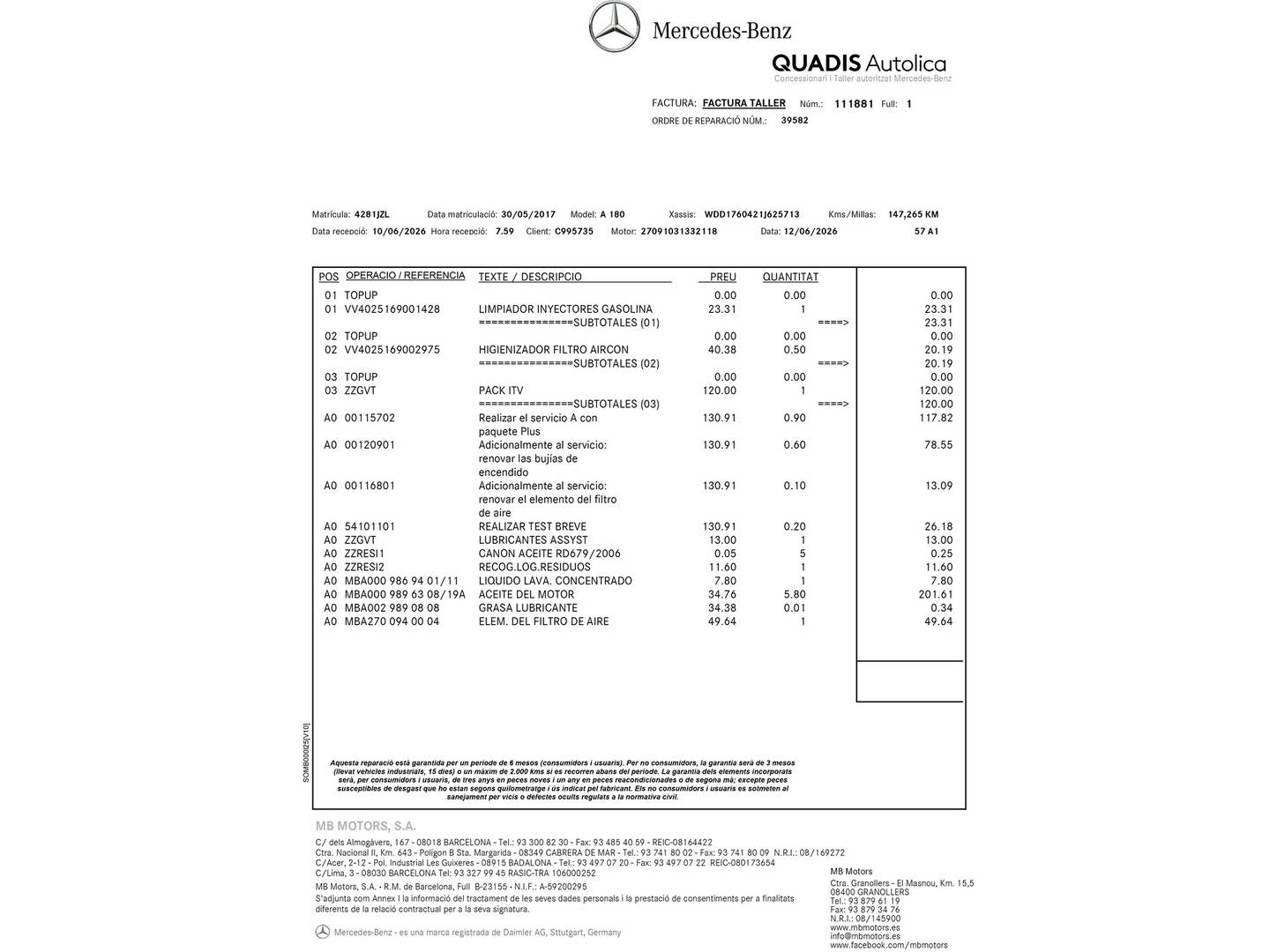 Foto del mantenimiento del Mercedes Clase A Mercedes Clase A 180 (122 CV)