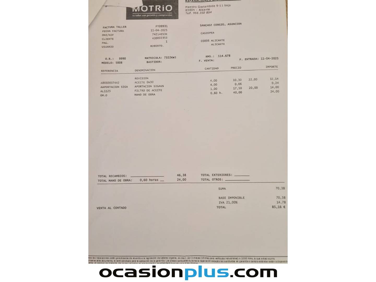 Foto del mantenimiento del Peugeot 3008 Peugeot 3008 BlueHDI 130 S&S Allure (130 CV)