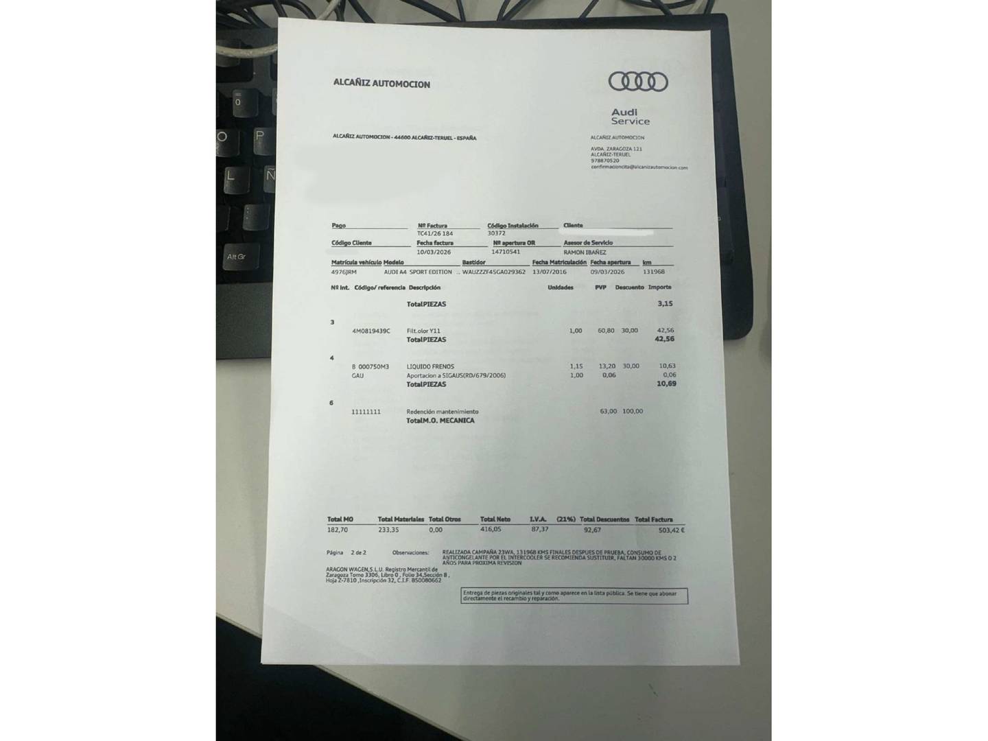 Foto del mantenimiento del Audi A4 Audi A4 sport edition 2.0 TDI (150 CV) Pack S-Line