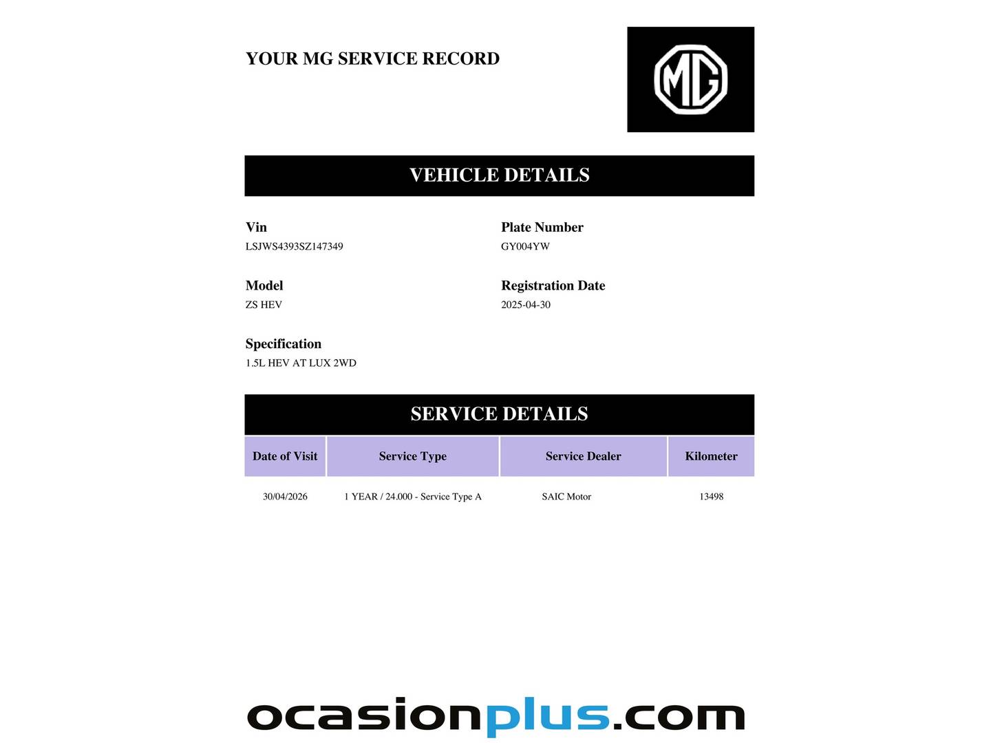 Foto del mantenimiento del MG ZS MG ZS 1.5 Hybrid+ Luxury (197 CV)