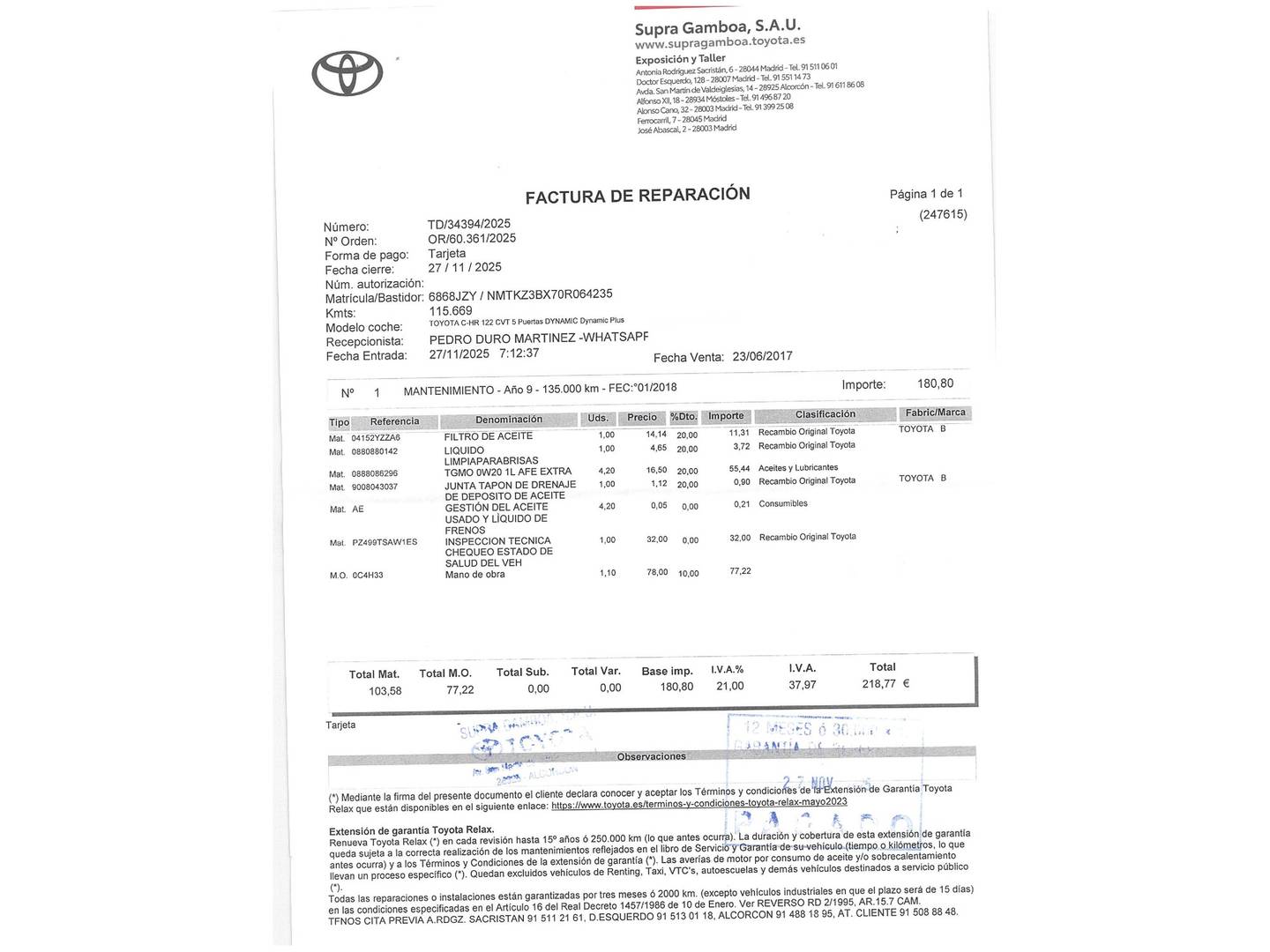 Foto del mantenimiento del Toyota C-HR Toyota C-HR 1.8 125H Dynamic Plus (122 CV)