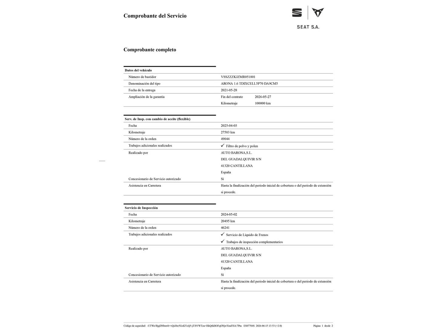 Foto del mantenimiento del Seat Arona Seat Arona 1.6 TDI Xcellence Go Eco  (95 CV)