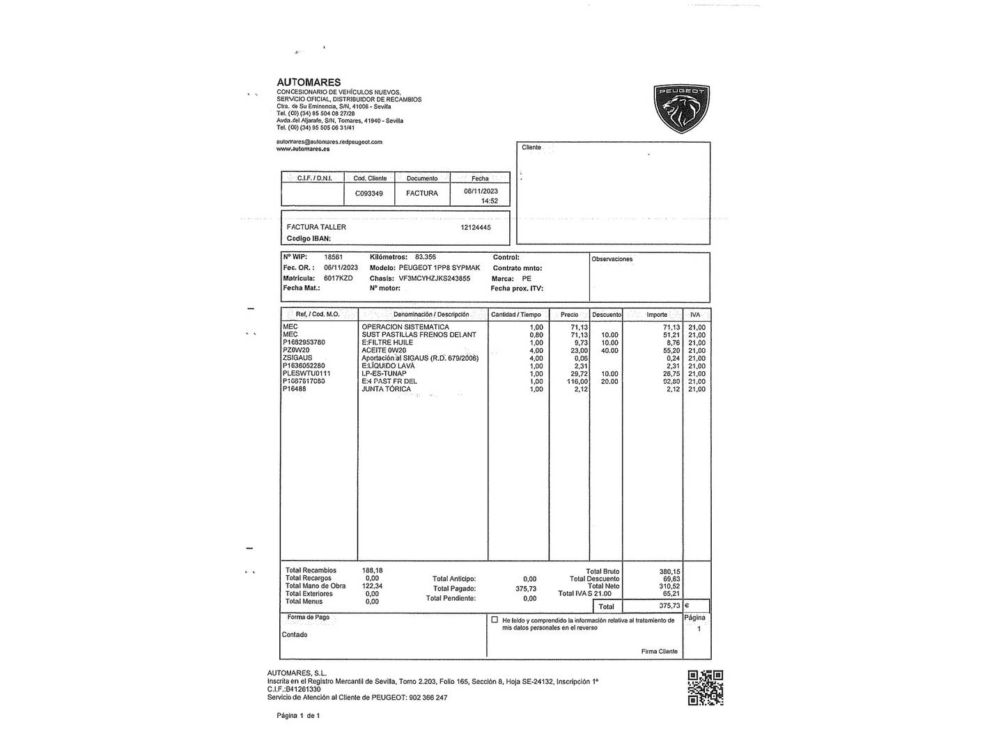 Foto del mantenimiento del Peugeot 3008 Peugeot 3008 BlueHDI 130 S&S Allure (130 CV)