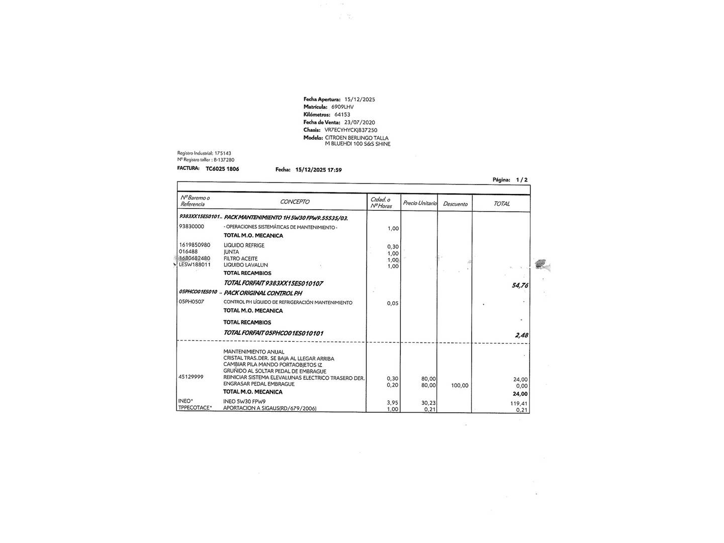 Foto del mantenimiento del Citroën Berlingo Citroën Berlingo BlueHDi 100 Talla M Shine (102 CV)