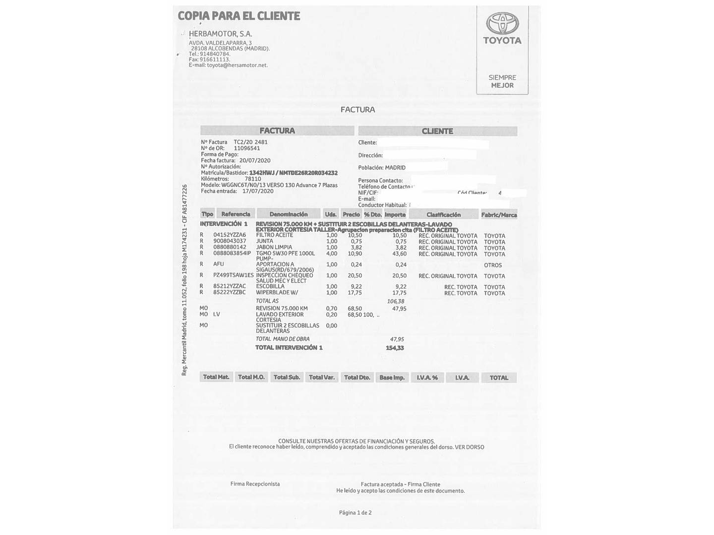 Foto del mantenimiento del Toyota Verso Toyota Verso 130 Advance (132 CV)
