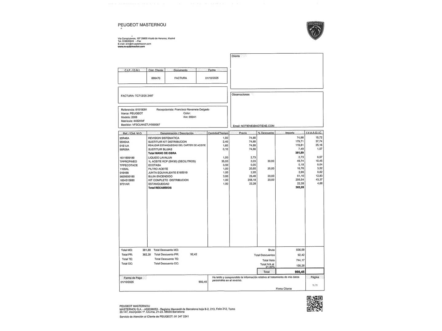 Foto del mantenimiento del Peugeot 2008 Peugeot 2008 PureTech 110 S&S Style EAT6 (110 CV)