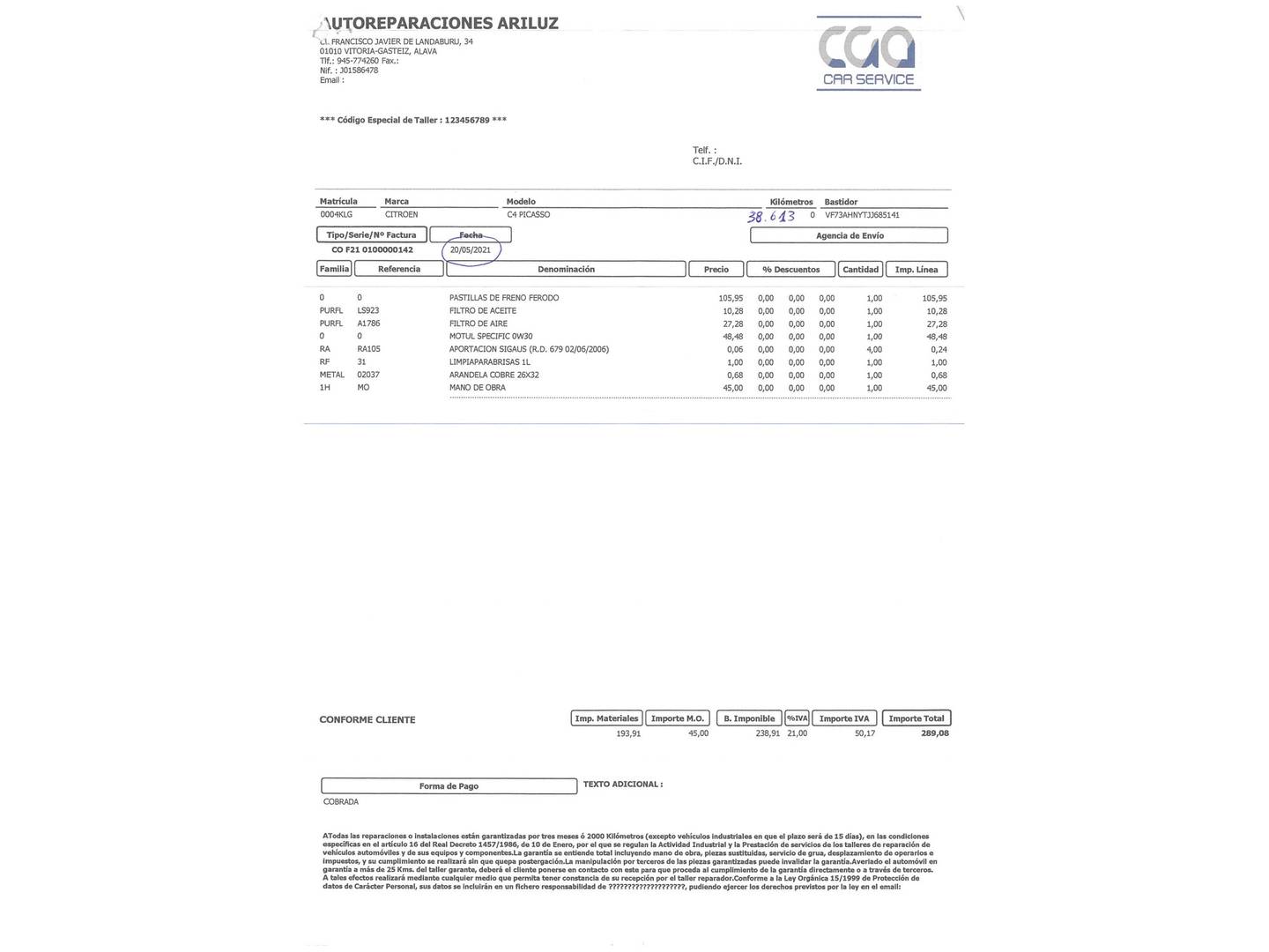Foto del mantenimiento del Citroën Grand C4 Spacetourer Citroën Grand C4 Spacetourer PureTech 130 S&S Feel EAT6 (130 CV) 7 Plazas