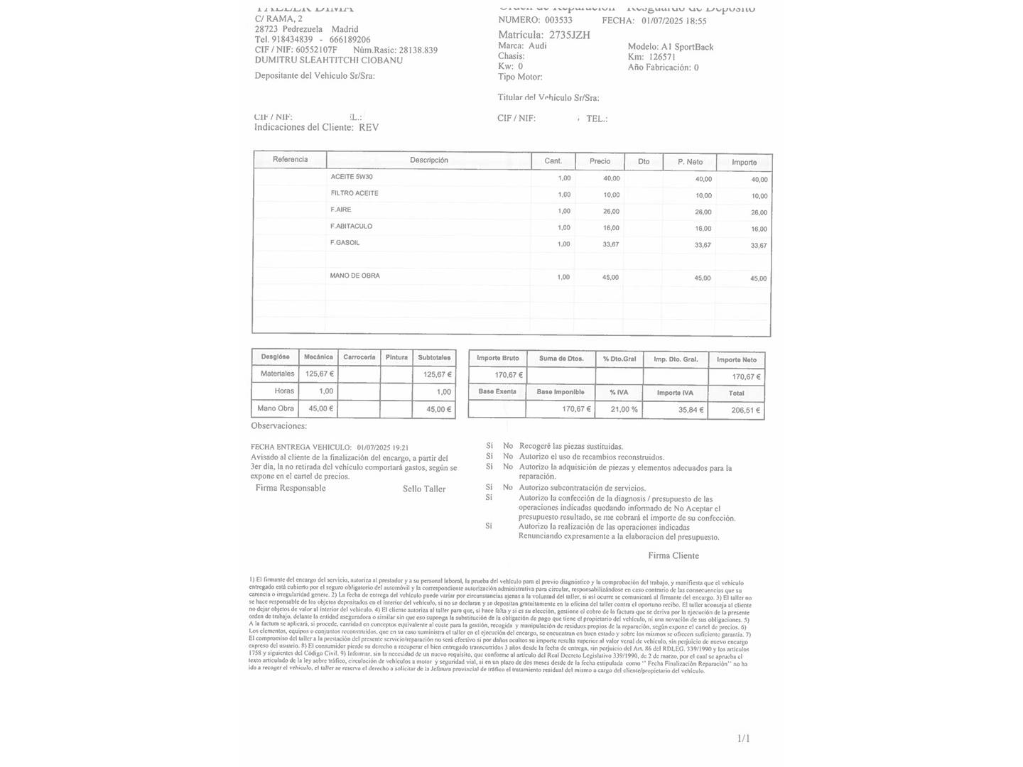 Foto del mantenimiento del Audi A1 Audi A1 Sportback Adrenalin 1.4 TDI (90 CV) S tronic Pack S-Line