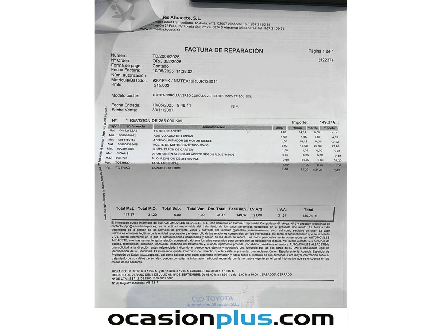 Foto del mantenimiento del Toyota Corolla Verso Toyota Corolla Verso 2.2 D-4D Sol (136 CV) 7 Plazas