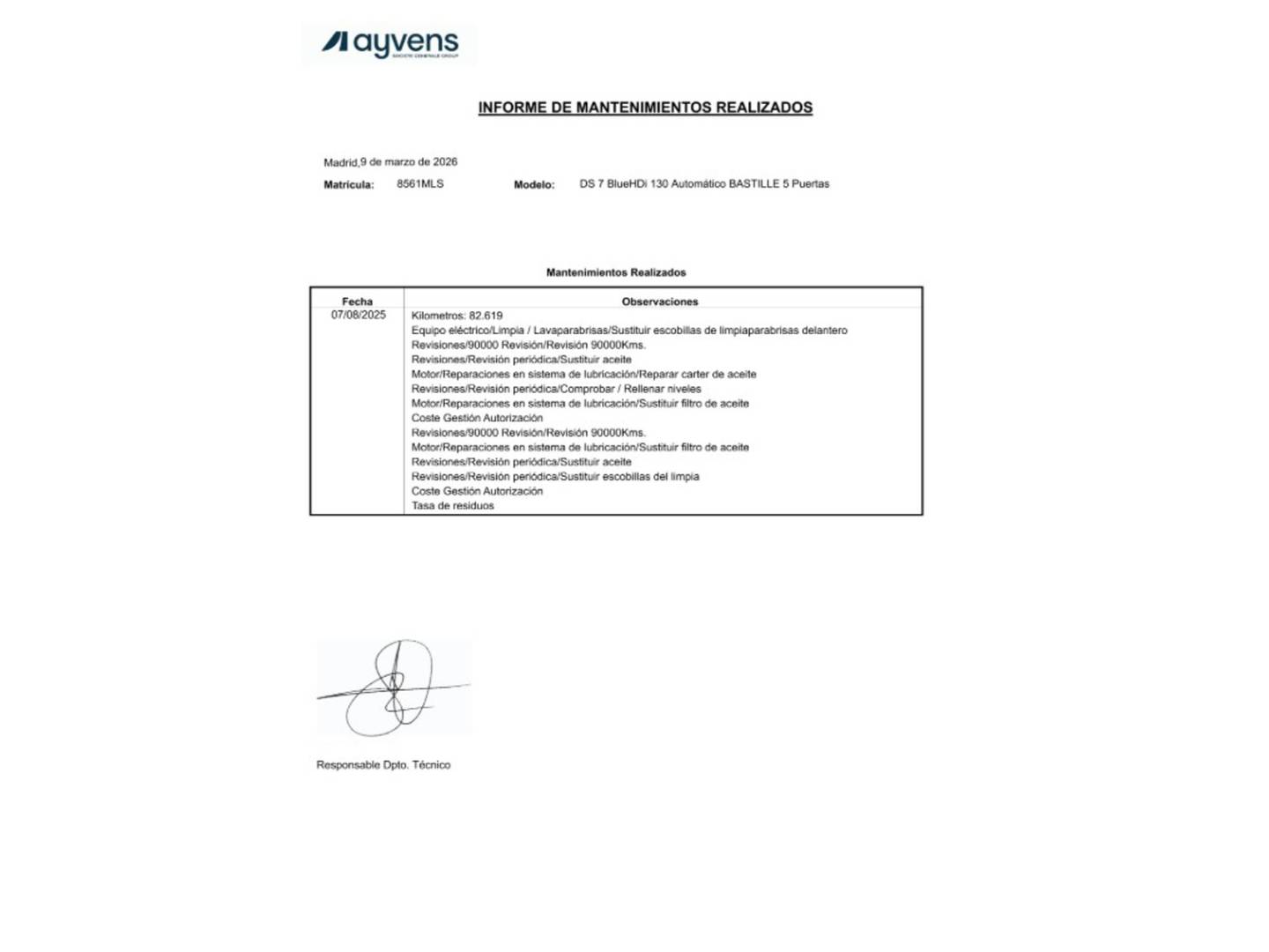 Foto del mantenimiento del DS DS 7 DS DS7 Crossback BlueHDi 130 Bastille Auto (130 CV)