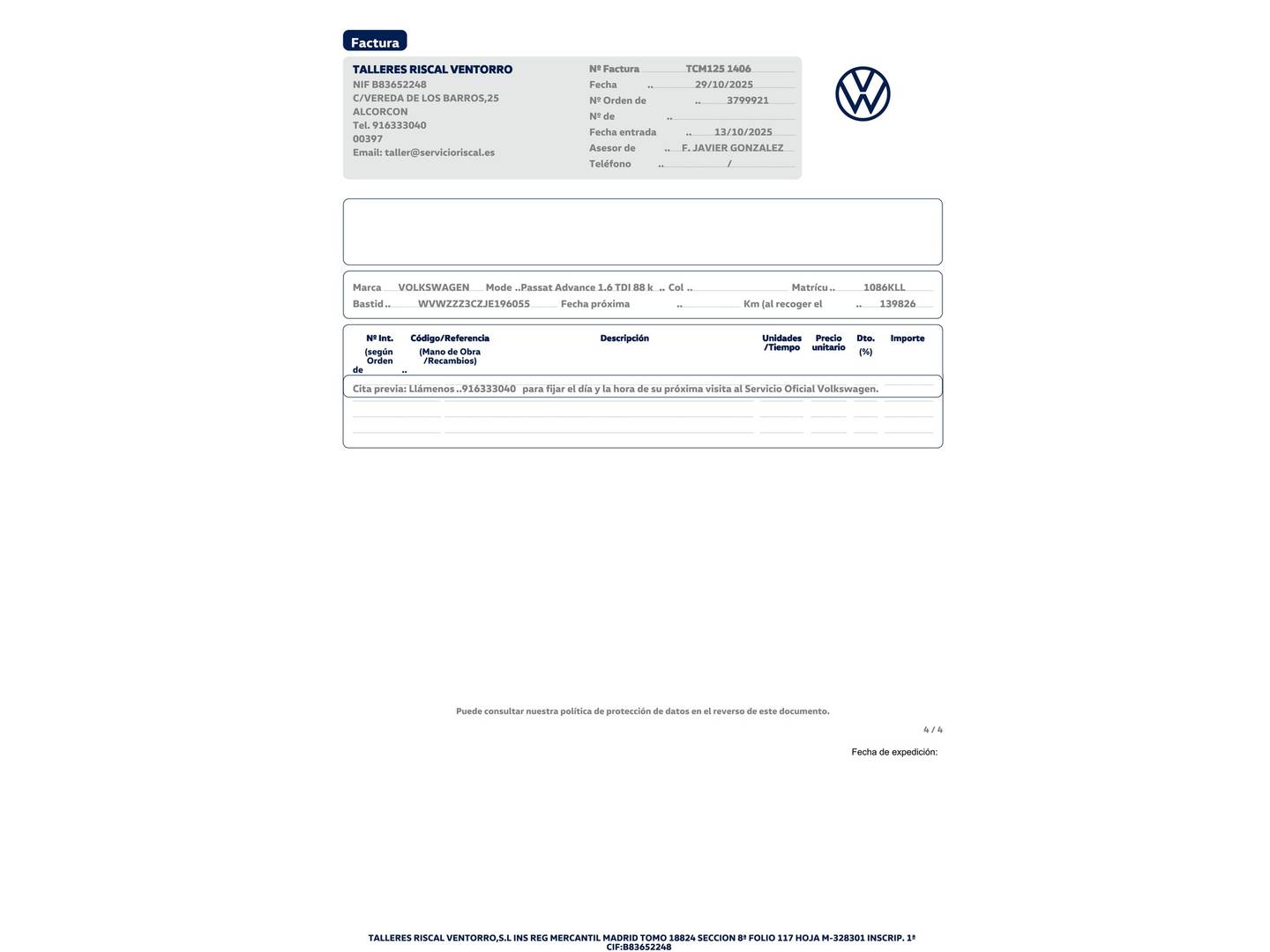 Foto del mantenimiento del Volkswagen Passat Volkswagen Passat Advance 1.6 TDI (120 CV)