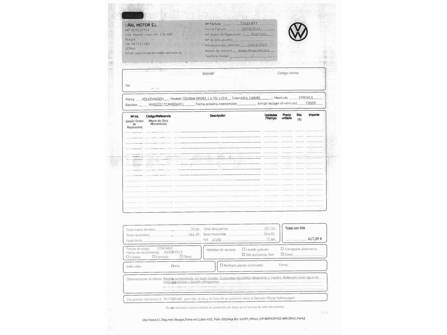 Foto del mantenimiento del Volkswagen Touran Volkswagen Touran Sport 1.4 TSI (150 CV) 7 Plazas
