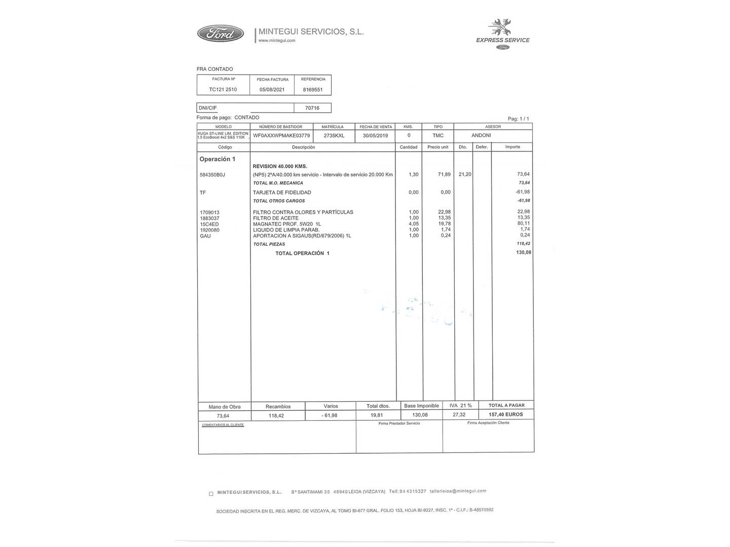 Foto del mantenimiento del Ford Kuga Ford Kuga 1.5 EcoBoost ST-Line Limited Edition 4x2 (150 CV)