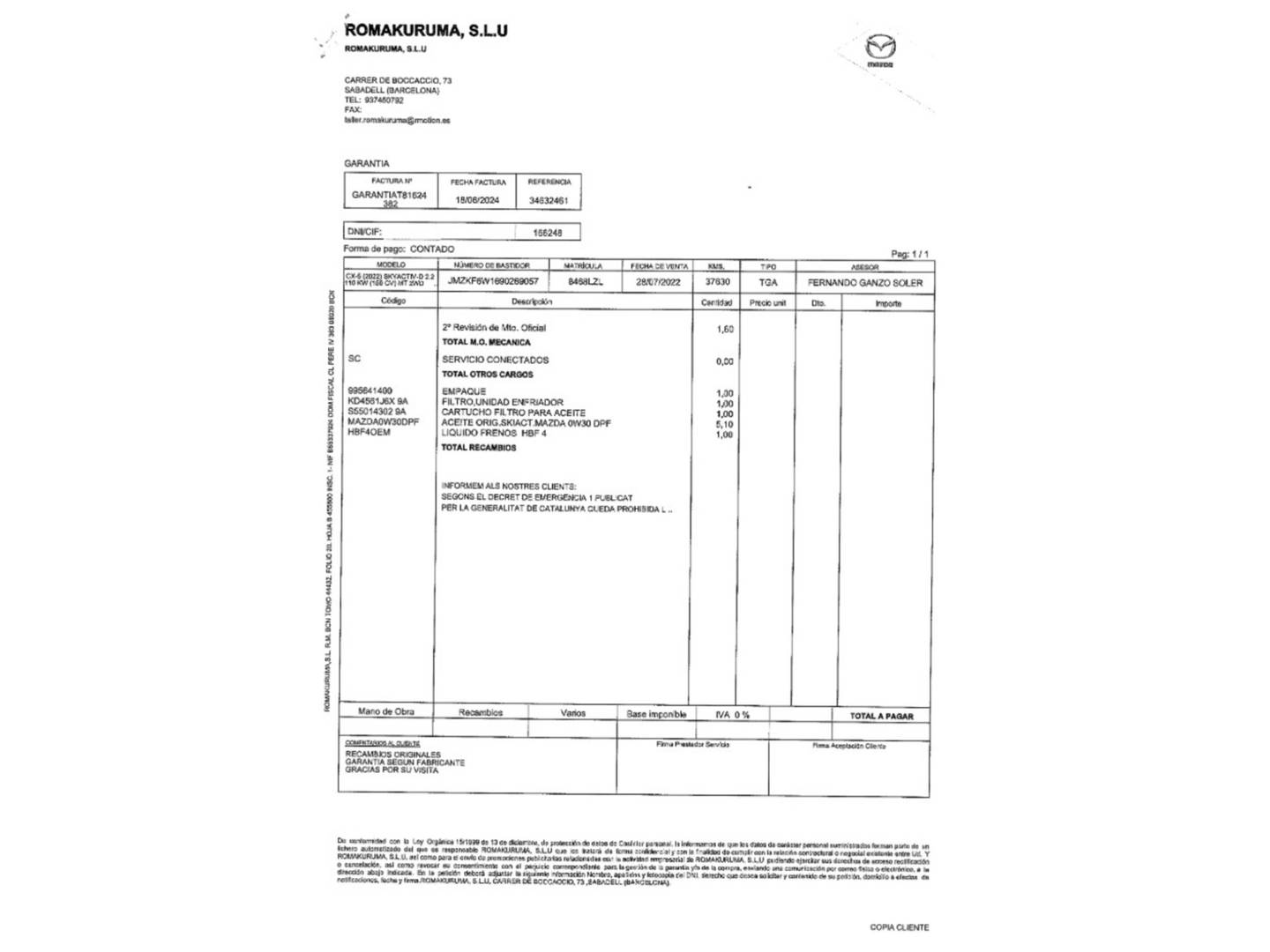 Foto del mantenimiento del Mazda CX-5 Mazda CX-5 2.2 DE Origin 2WD (150 CV)