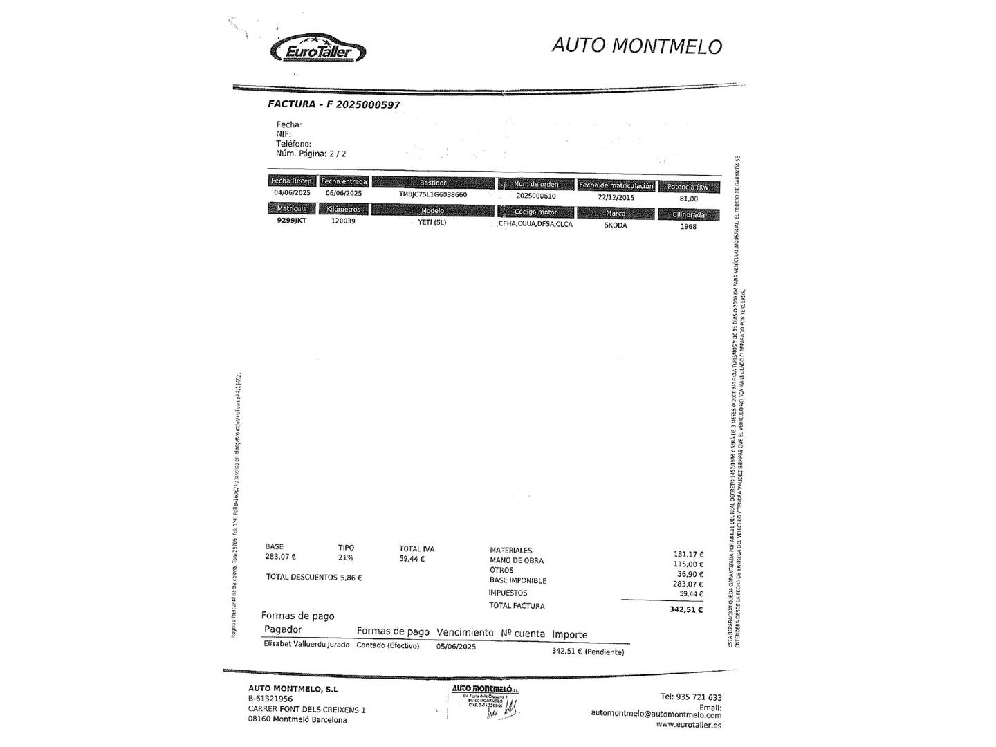 Foto del mantenimiento del Skoda Yeti Skoda Yeti 2.0 TDI AdBlue Outdoor Like (110 CV)