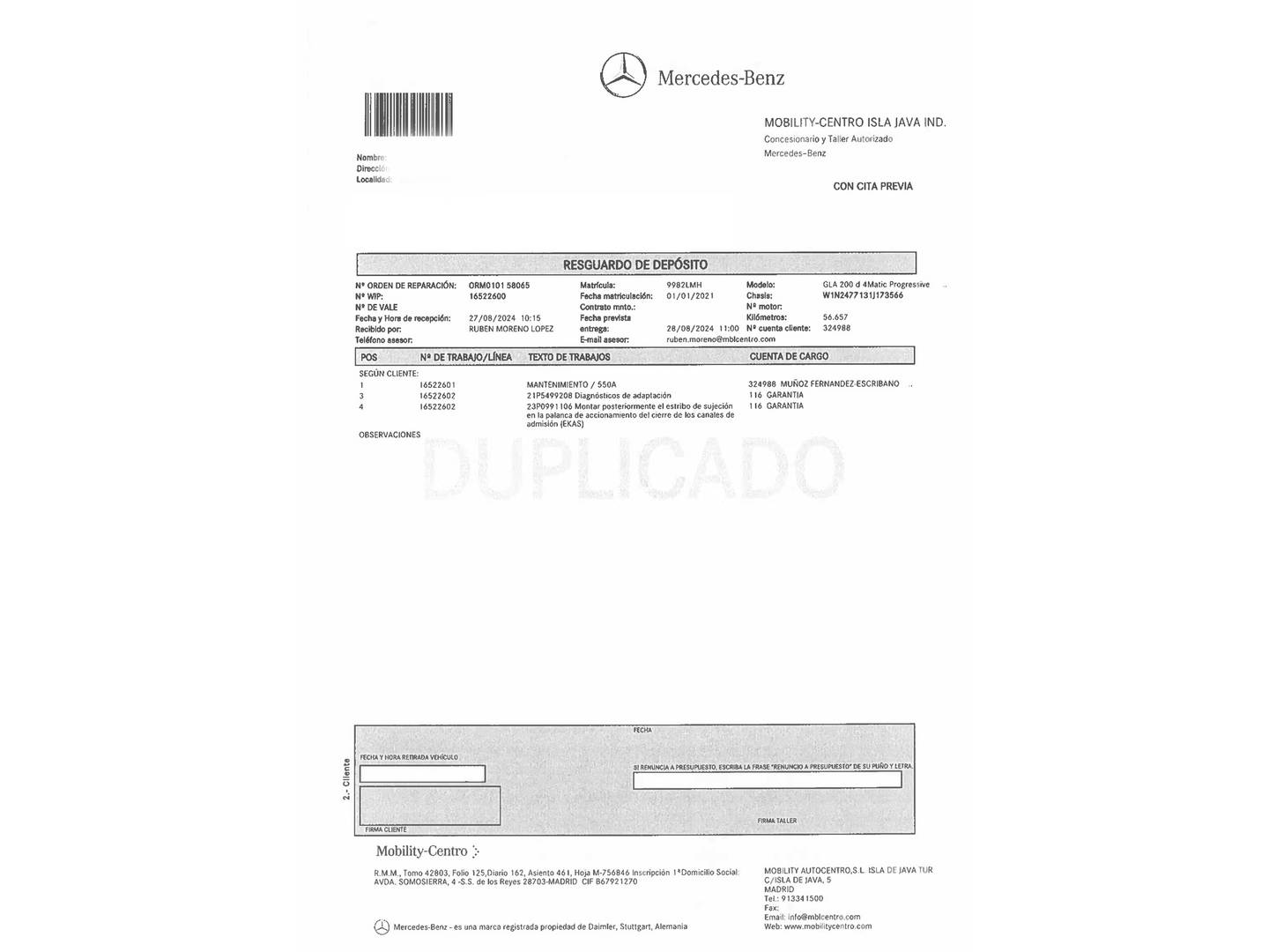 Foto del mantenimiento del Mercedes GLA Mercedes GLA 200 d 4Matic (150 CV)