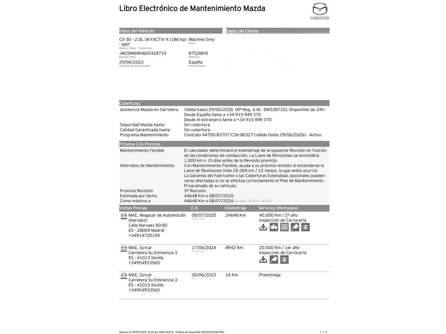 Foto del mantenimiento del Mazda CX-30 Mazda CX-30 2.0 Skyactiv-X Evolution 2WD (186 CV)