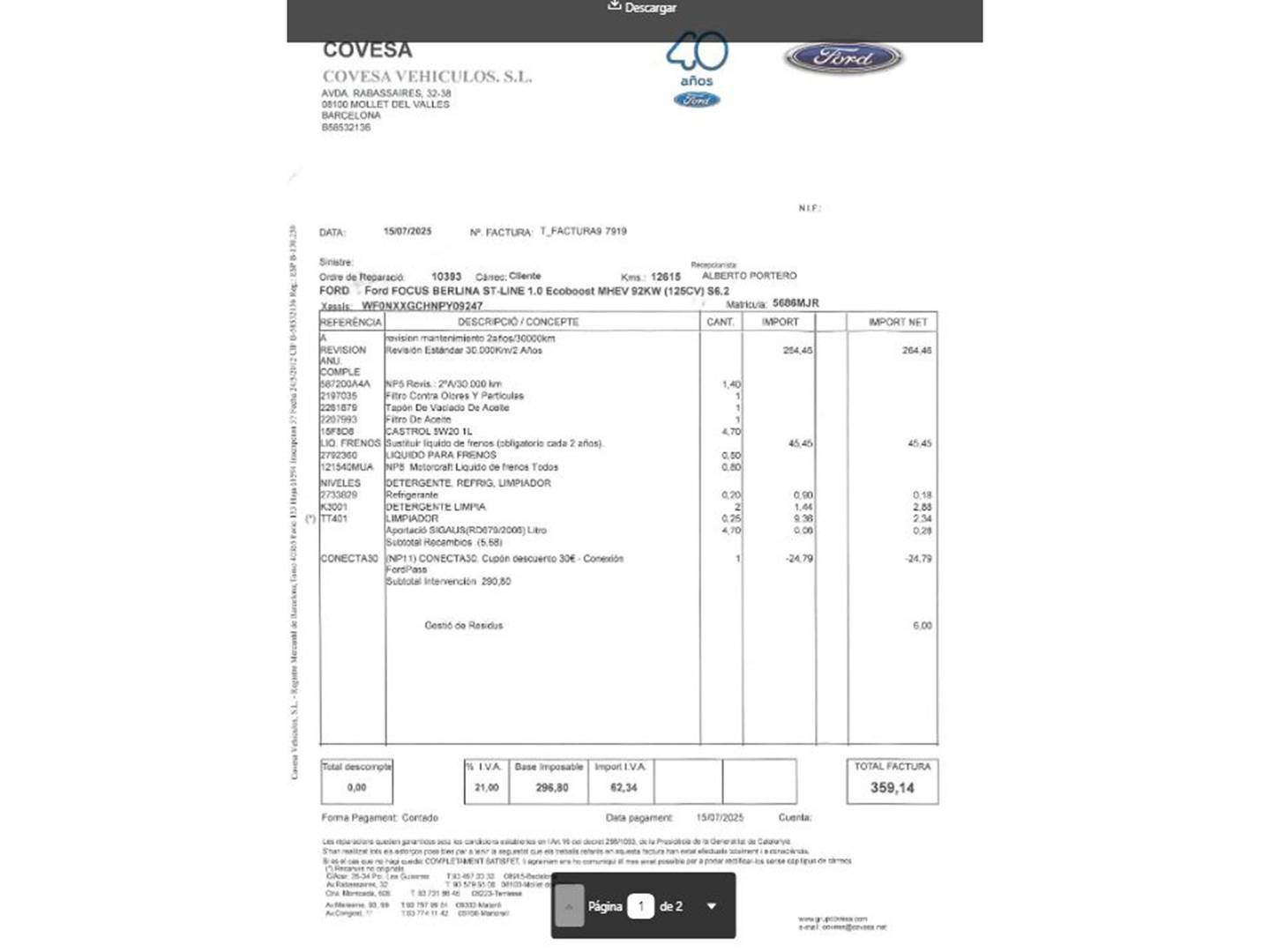 Foto del mantenimiento del Ford Focus Ford Focus 1.0 Ecoboost MHEV ST-Line (125 CV)