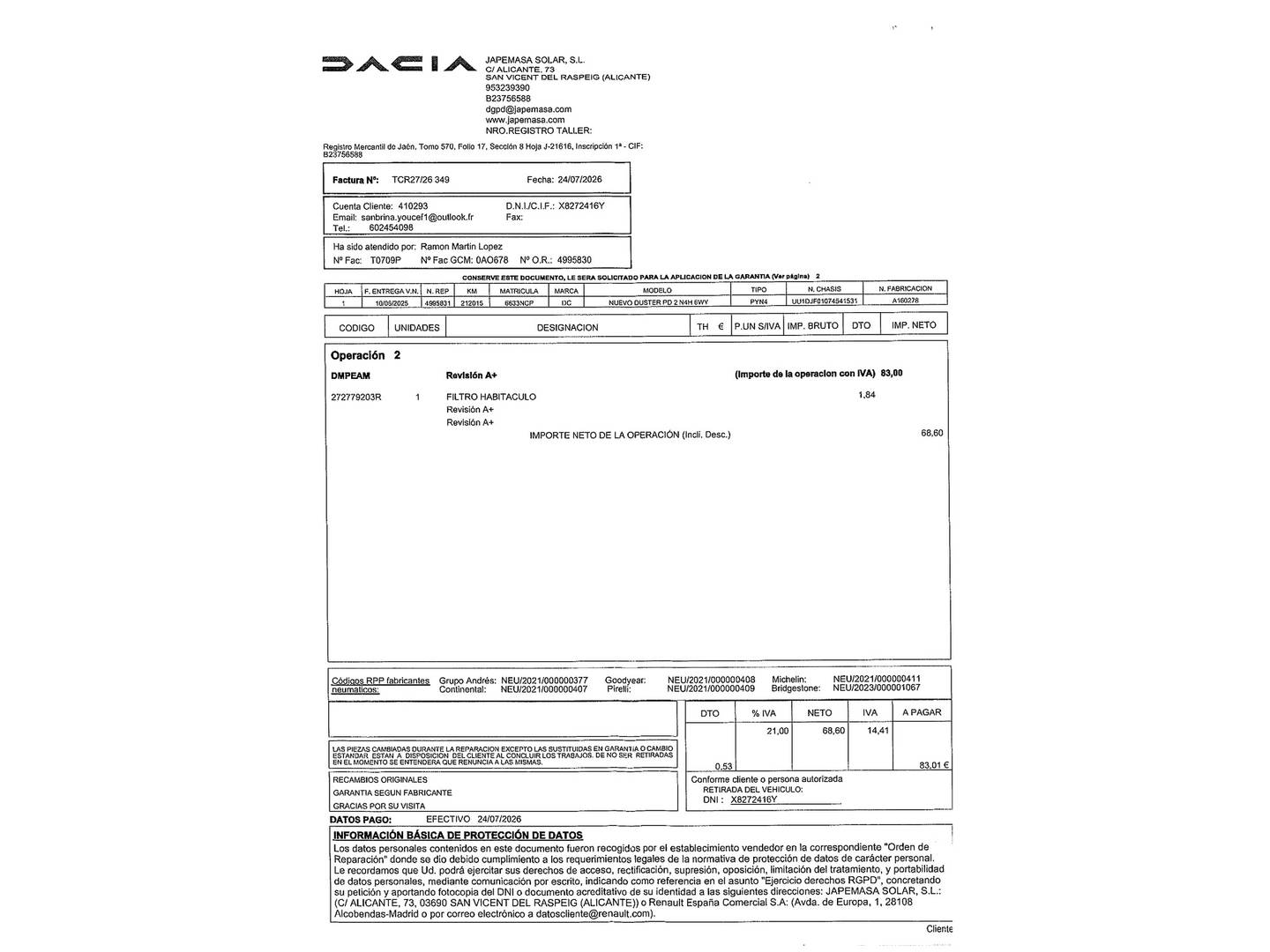 Foto del mantenimiento del Dacia Duster Dacia Duster Extreme Hybrid 103 kW (140 CV)