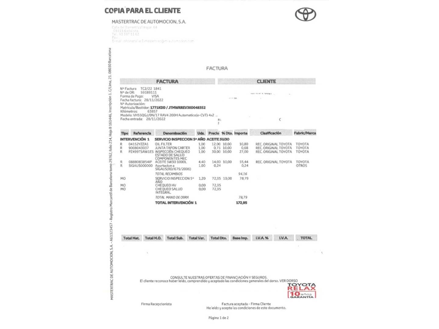 Foto del mantenimiento del Toyota Rav4 Toyota Rav4 2.5l hybrid Feel! 2WD (197 CV)