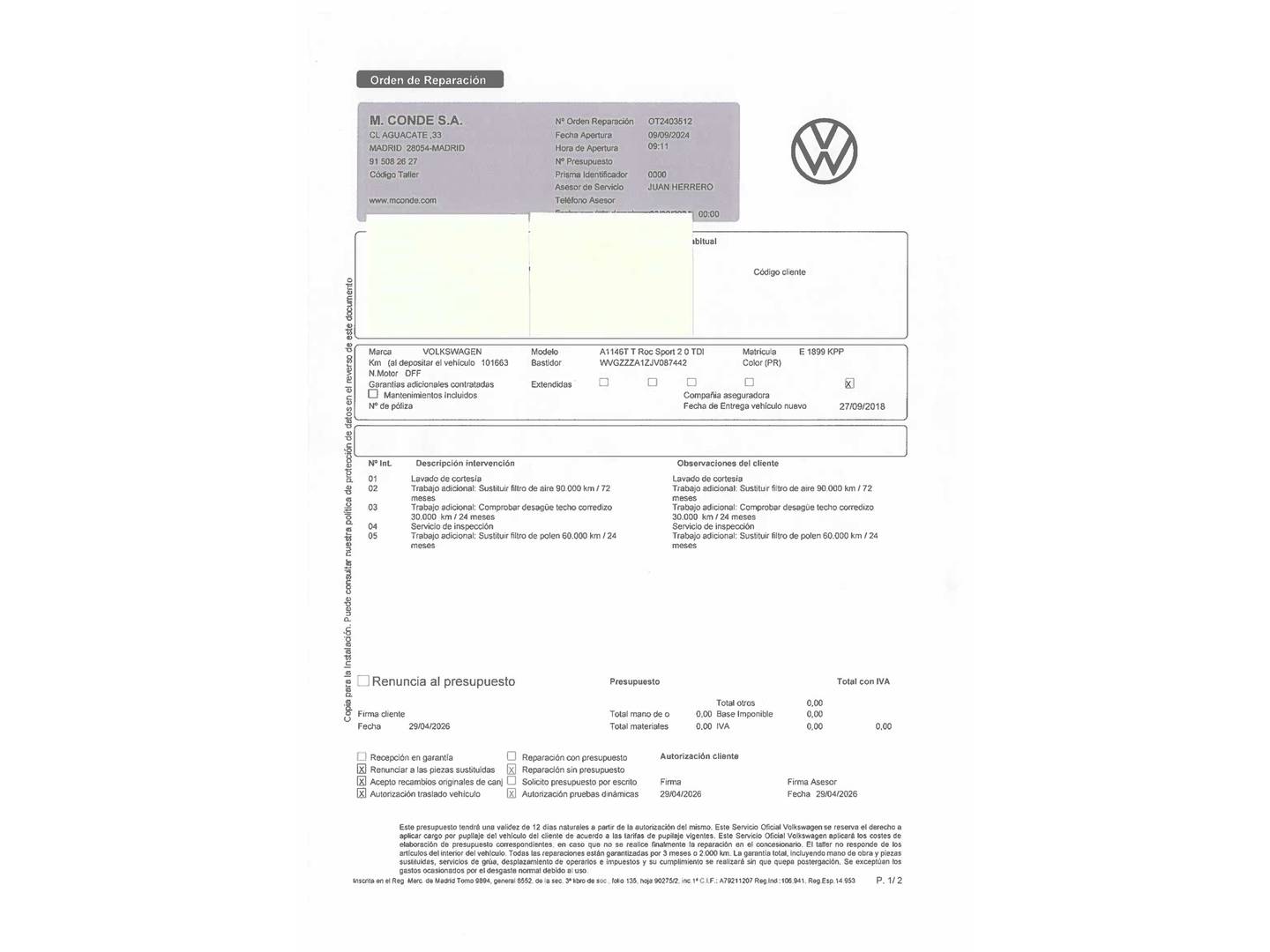 Foto del mantenimiento del Volkswagen T-Roc Volkswagen T-Roc Sport 2.0 TDI 4Motion (150 CV) DSG