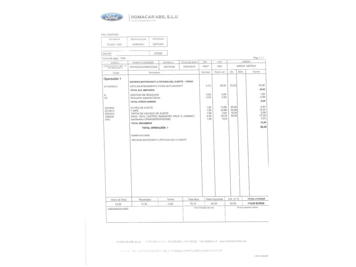 Foto del mantenimiento del Ford Focus Ford Focus 1.0 Ecoboost S&S ST-Line (125 CV)