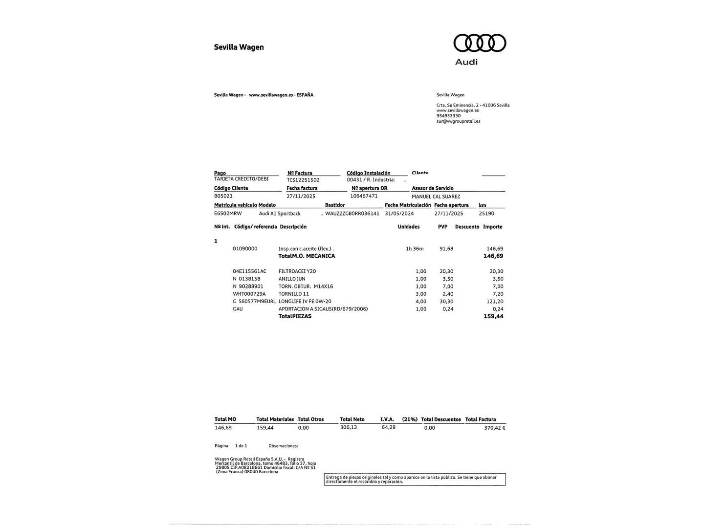 Foto del mantenimiento del Audi A1 Audi A1 Sportback Sportback Adrenalin edition 30 TFSI (110 CV) S tronic Pack S-Line