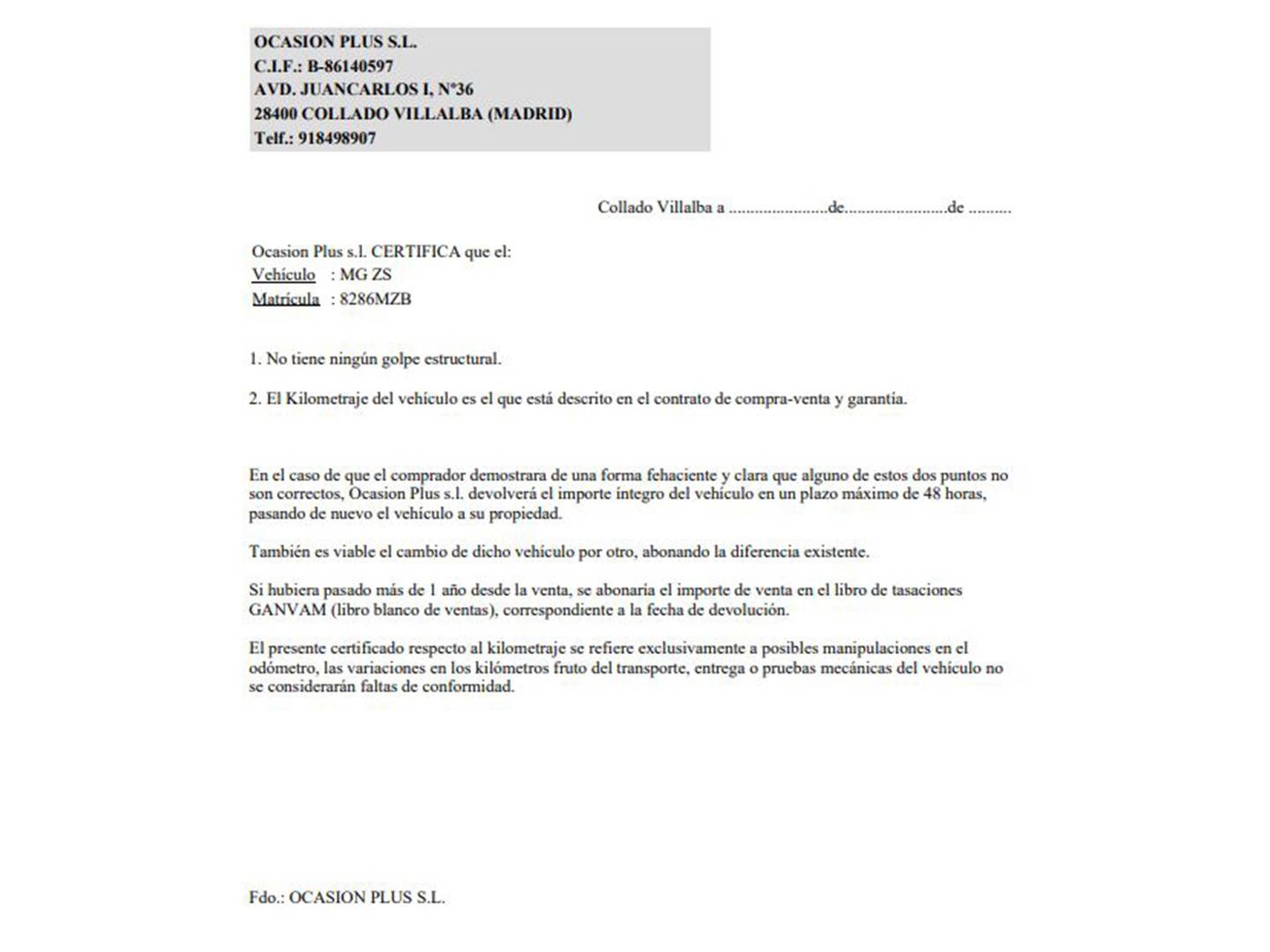 Foto del certificado del MG ZS MG ZS 1.5 Hybrid+ Comfort (197 CV)