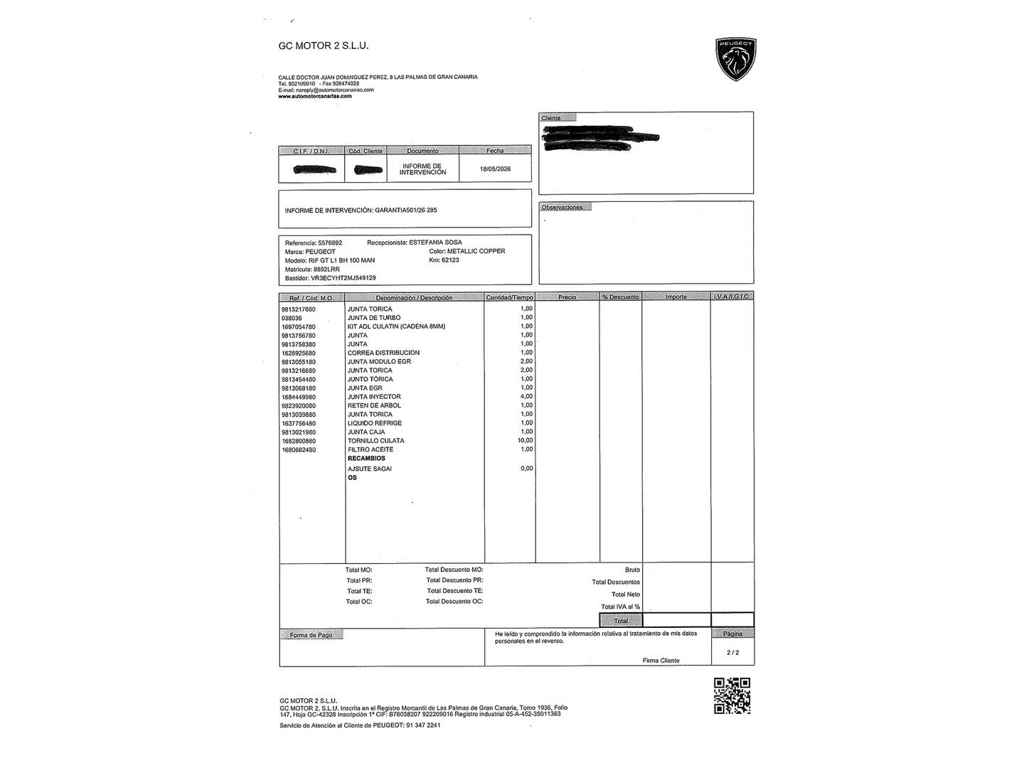 Foto del mantenimiento del Peugeot Rifter Peugeot Rifter BlueHDi 100 GT Standard (100 CV)