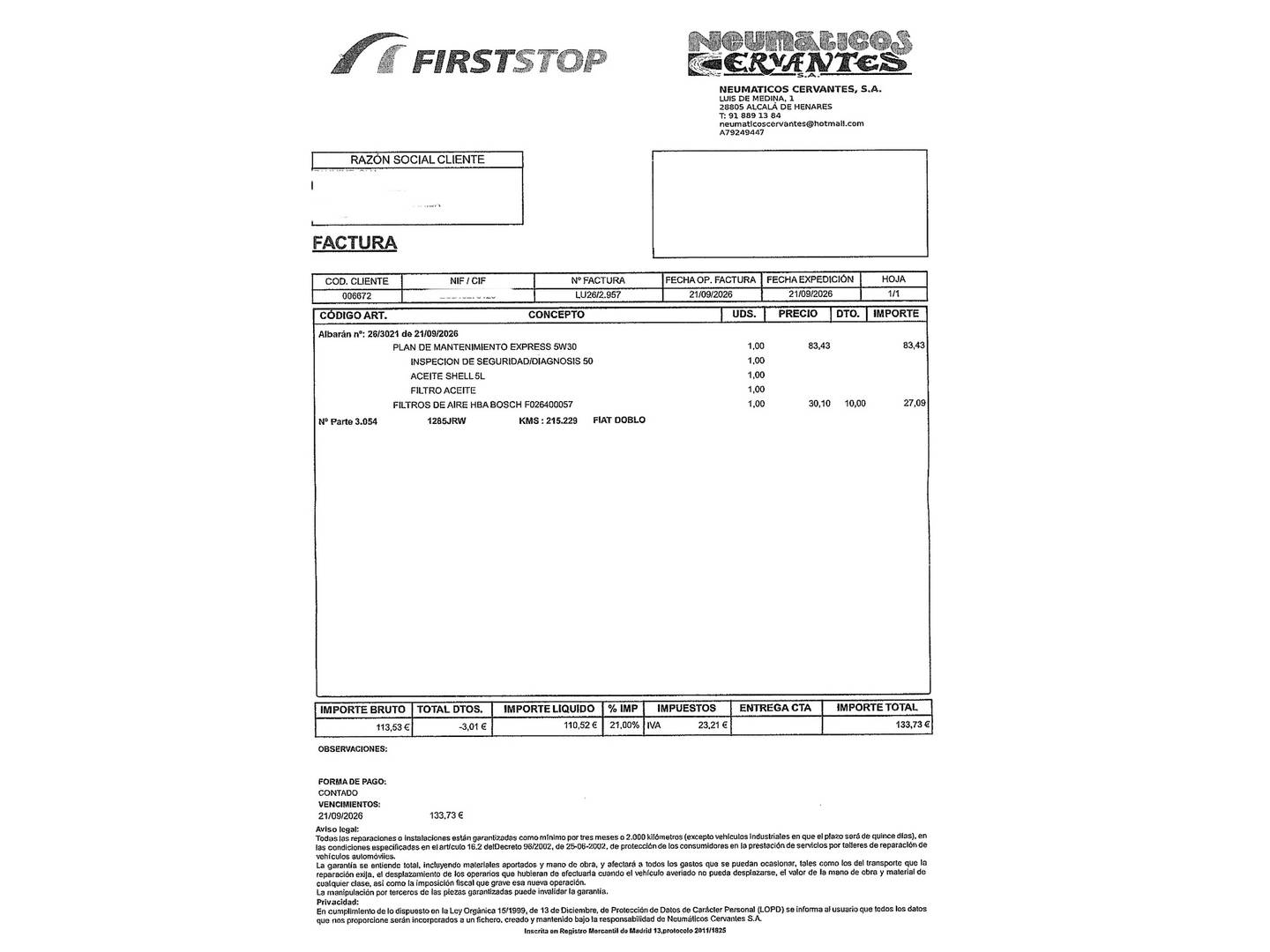 Foto del mantenimiento del Fiat Doblò Fiat Dobló Panorama 1.6 Multijet Easy (95 CV)