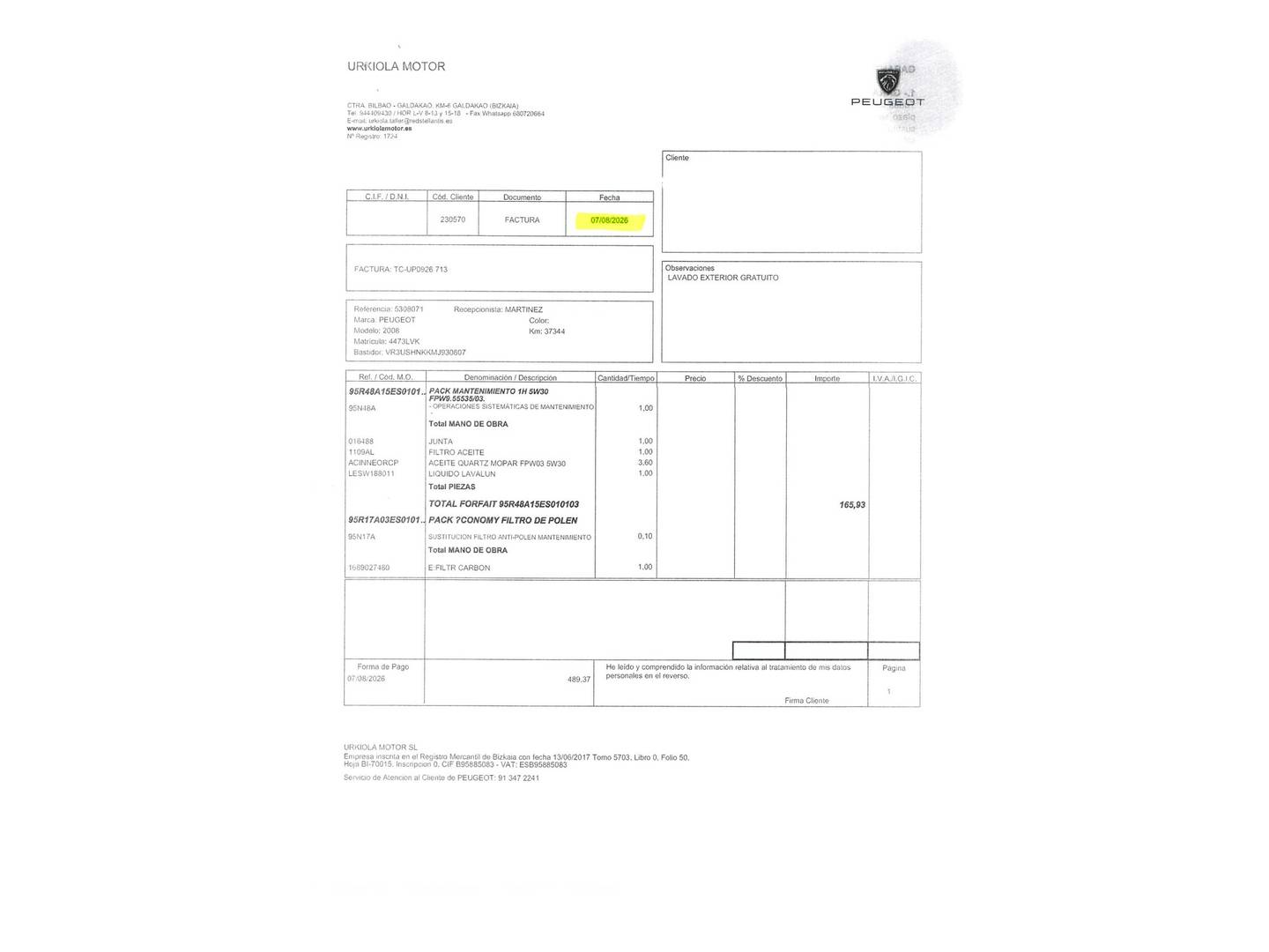 Foto del mantenimiento del Peugeot 2008 Peugeot 2008 Puretech 100 S&S Active Pack (100 CV)