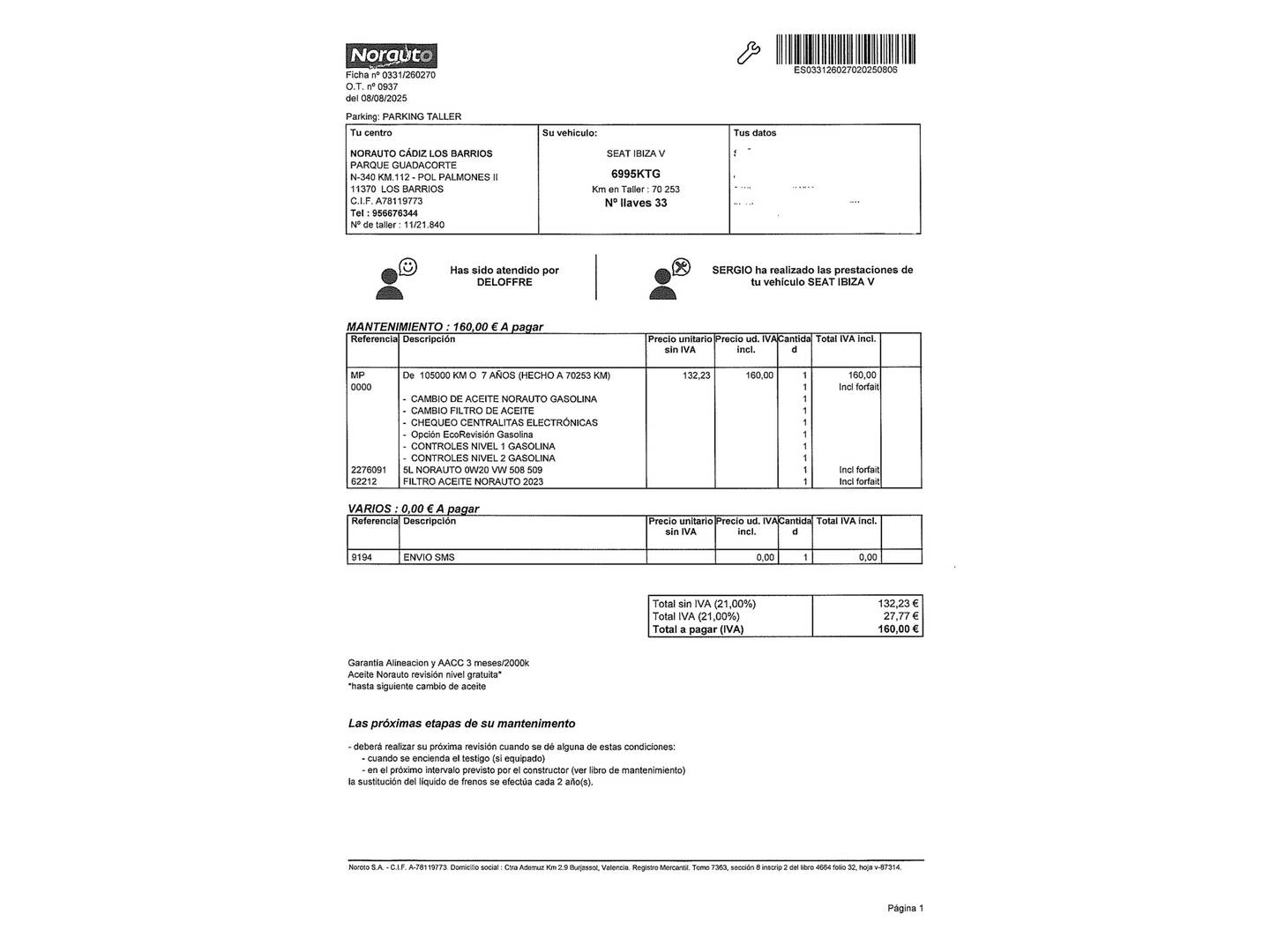 Foto del mantenimiento del Seat Ibiza Seat Ibiza 1.0 MPI Style Plus (80 CV)