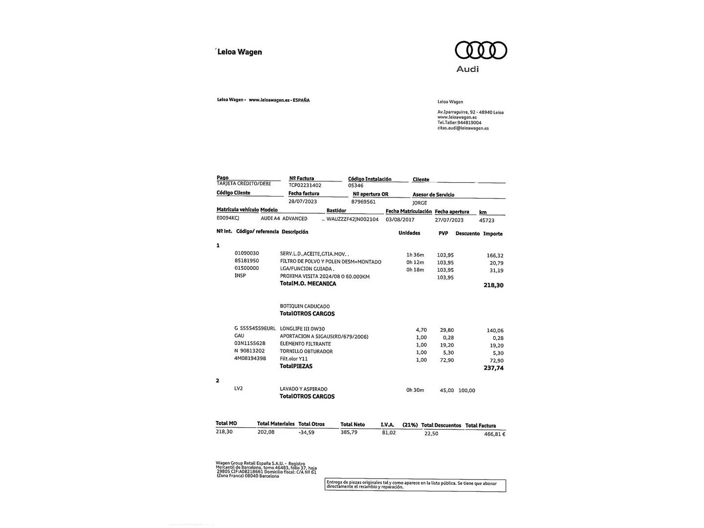 Foto del mantenimiento del Audi A4 Audi A4 Advanced edition 2.0 TDI quattro (190 CV) S tronic