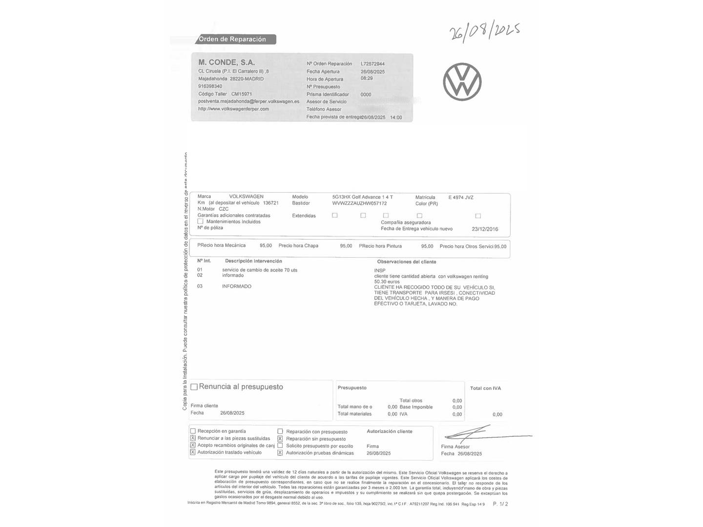 Foto del mantenimiento del Volkswagen Golf Volkswagen Golf Advance 1.4 TSI BMT (125 CV)