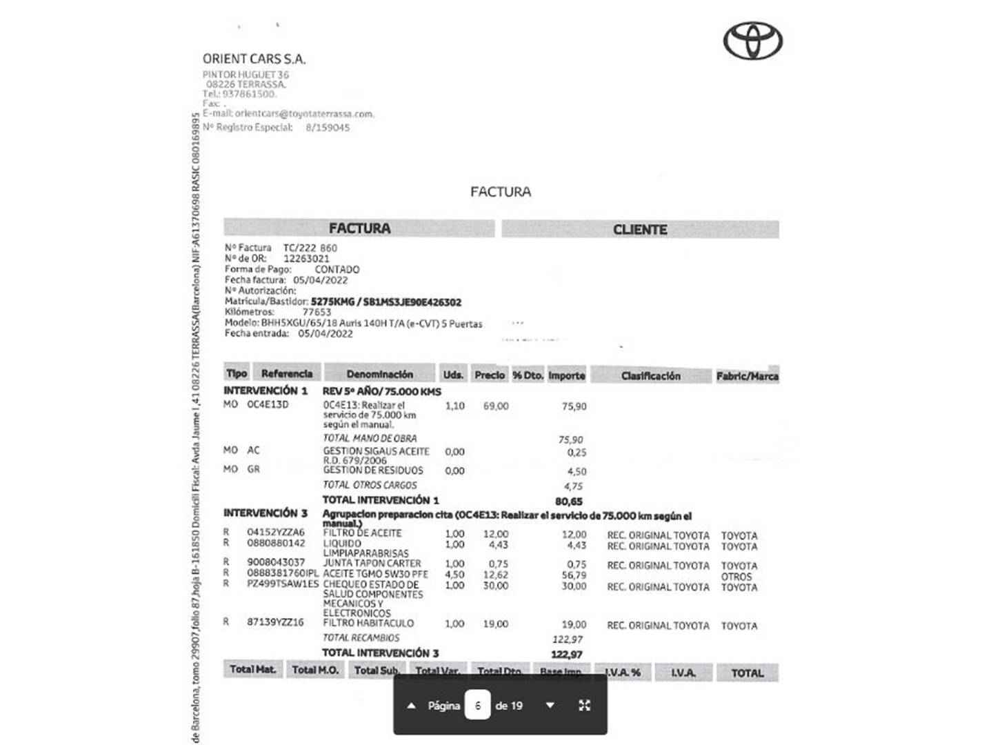 Foto del mantenimiento del Toyota Auris Toyota Auris 1.8 140H Hybrid Feel! Edition