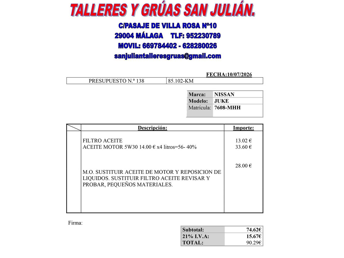 Foto del mantenimiento del Nissan JUKE Nissan Juke DIG-T (114 CV) DCT 7 Vel. Tekna