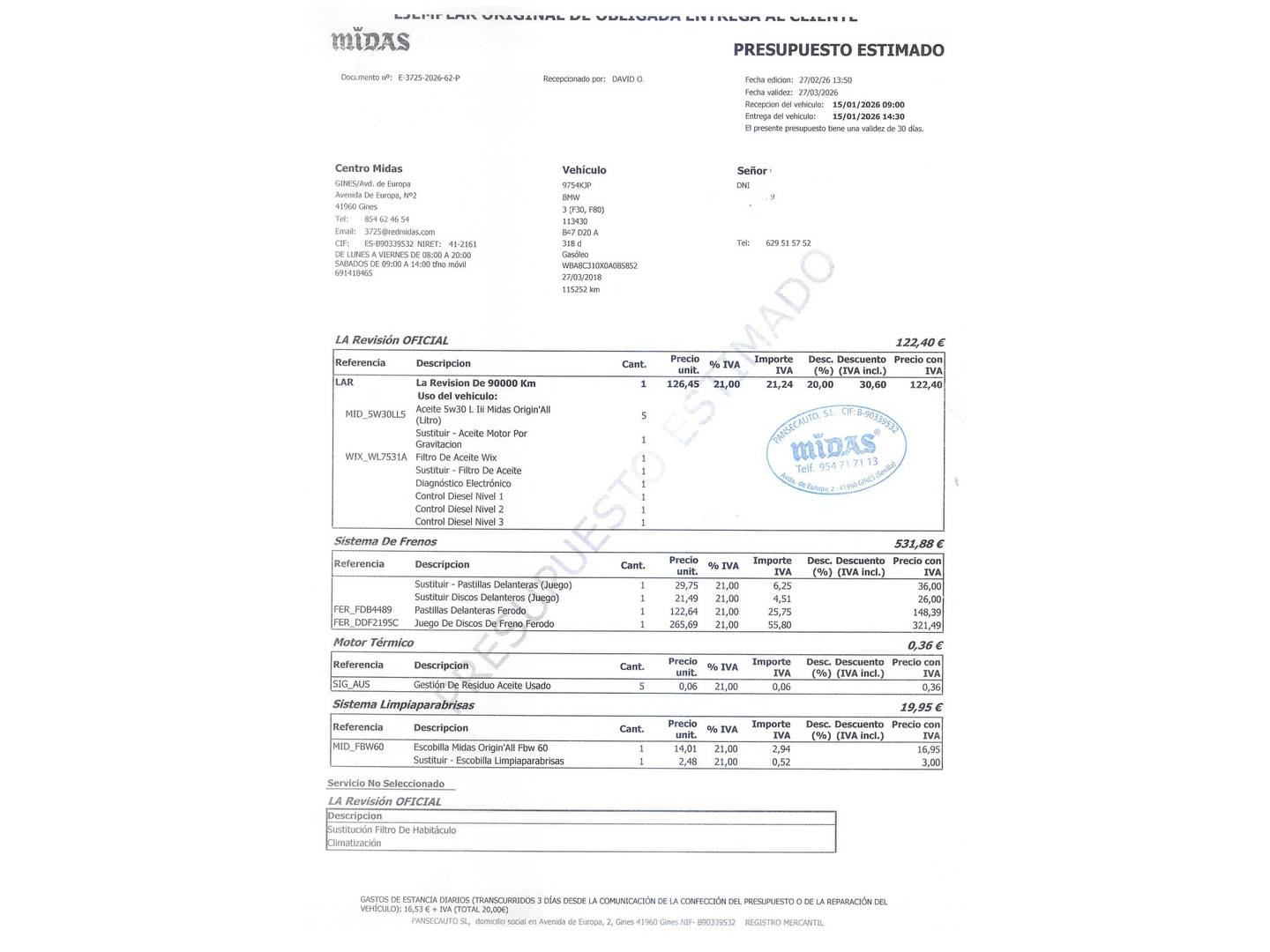 Foto del mantenimiento del BMW Serie 3 BMW Serie 3 318d Business (150 CV)