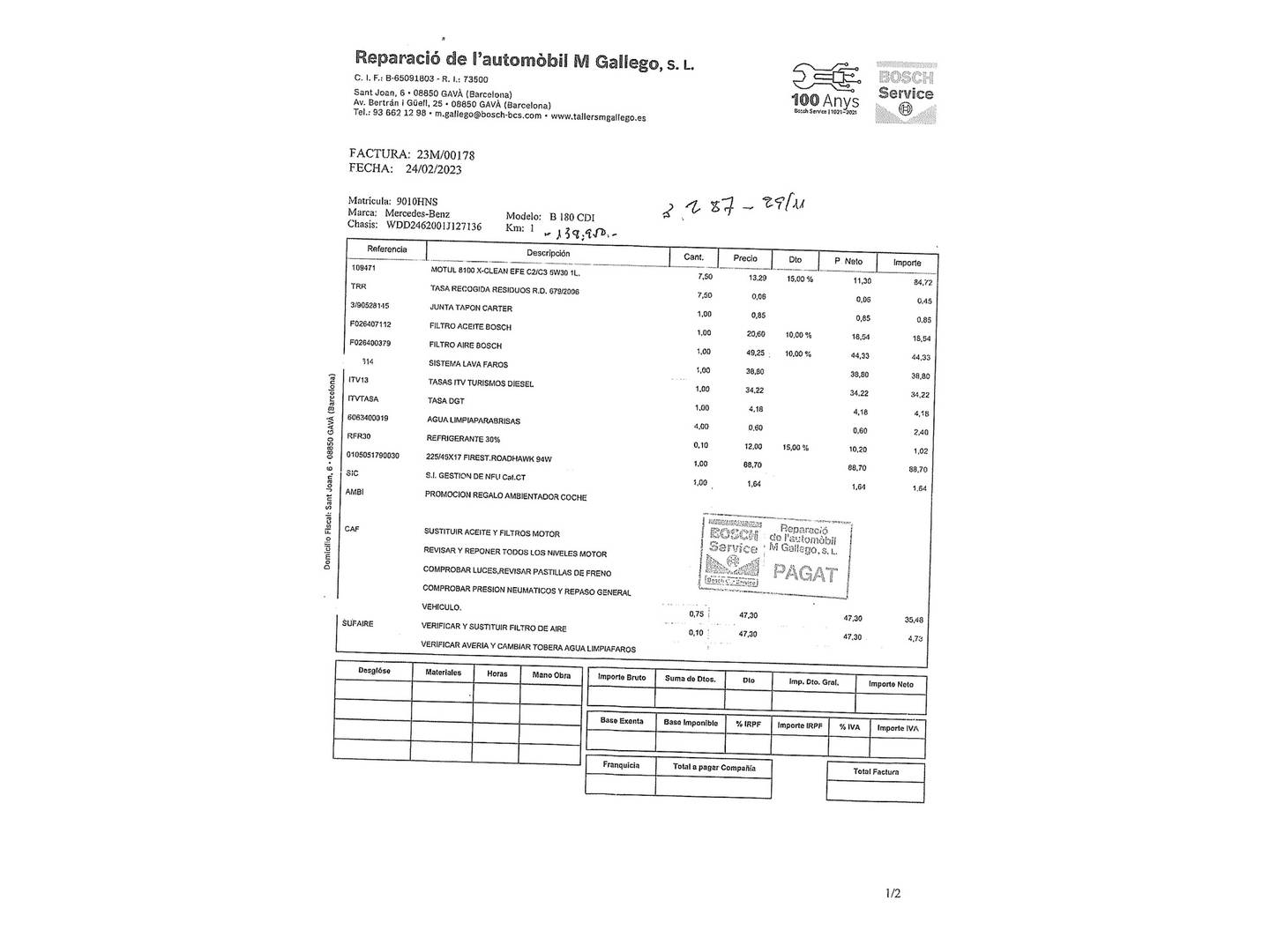 Foto del mantenimiento del Mercedes Clase B Mercedes Clase B B 180 CDI Blue Efficiency (109 CV)