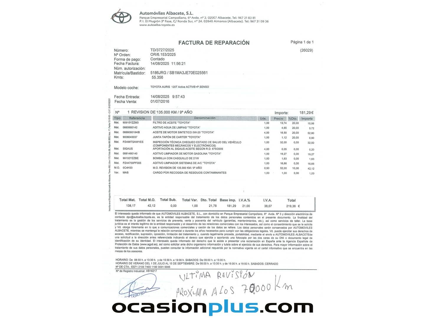 Foto del mantenimiento del Toyota Auris Toyota Auris 120T Active (116 CV)