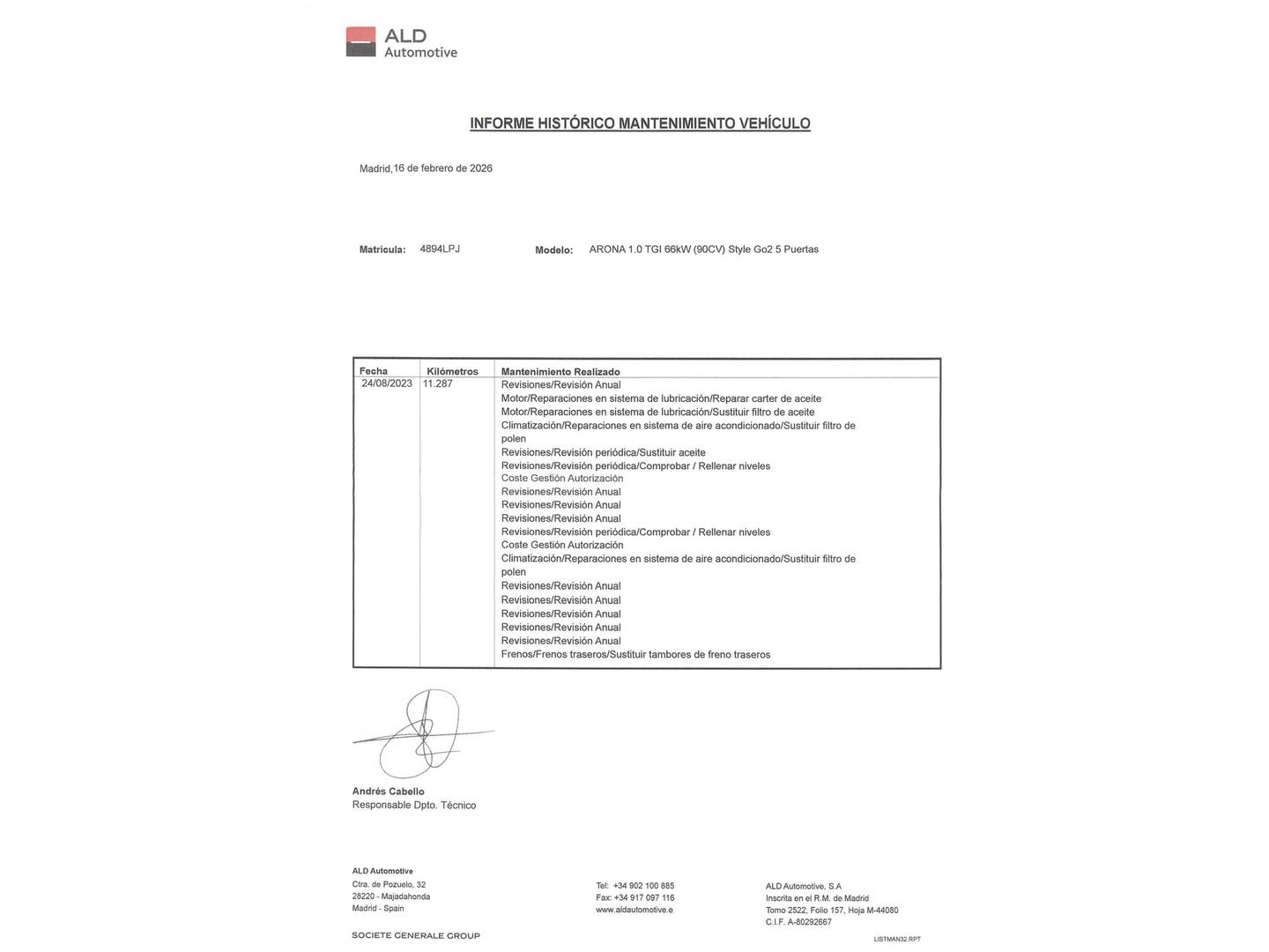 Foto del mantenimiento del Seat Arona SEAT Arona 1.0 TGI Style Go2 66 kW (90 CV)