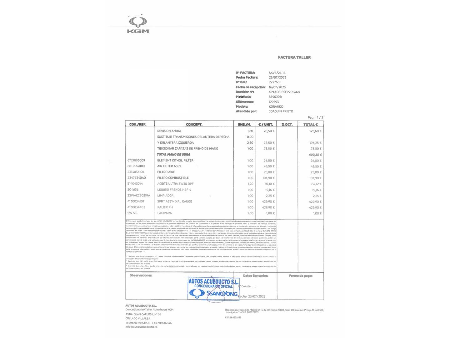 Foto del mantenimiento del SsangYong Korando SsangYong Korando D20T Premium 4x2  (149 CV)