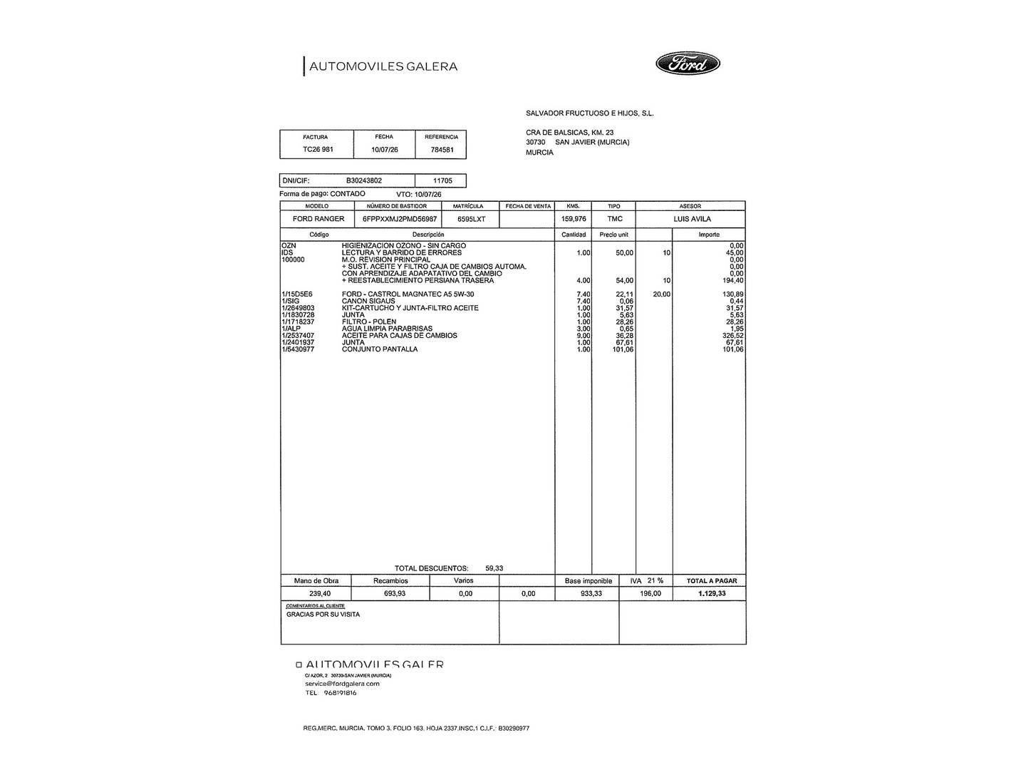 Foto del certificado del Ford Ranger Ford Ranger Pickup 2.0 Ecoblue Doble Cabina Wildtrack 4x4 AT (213 CV)